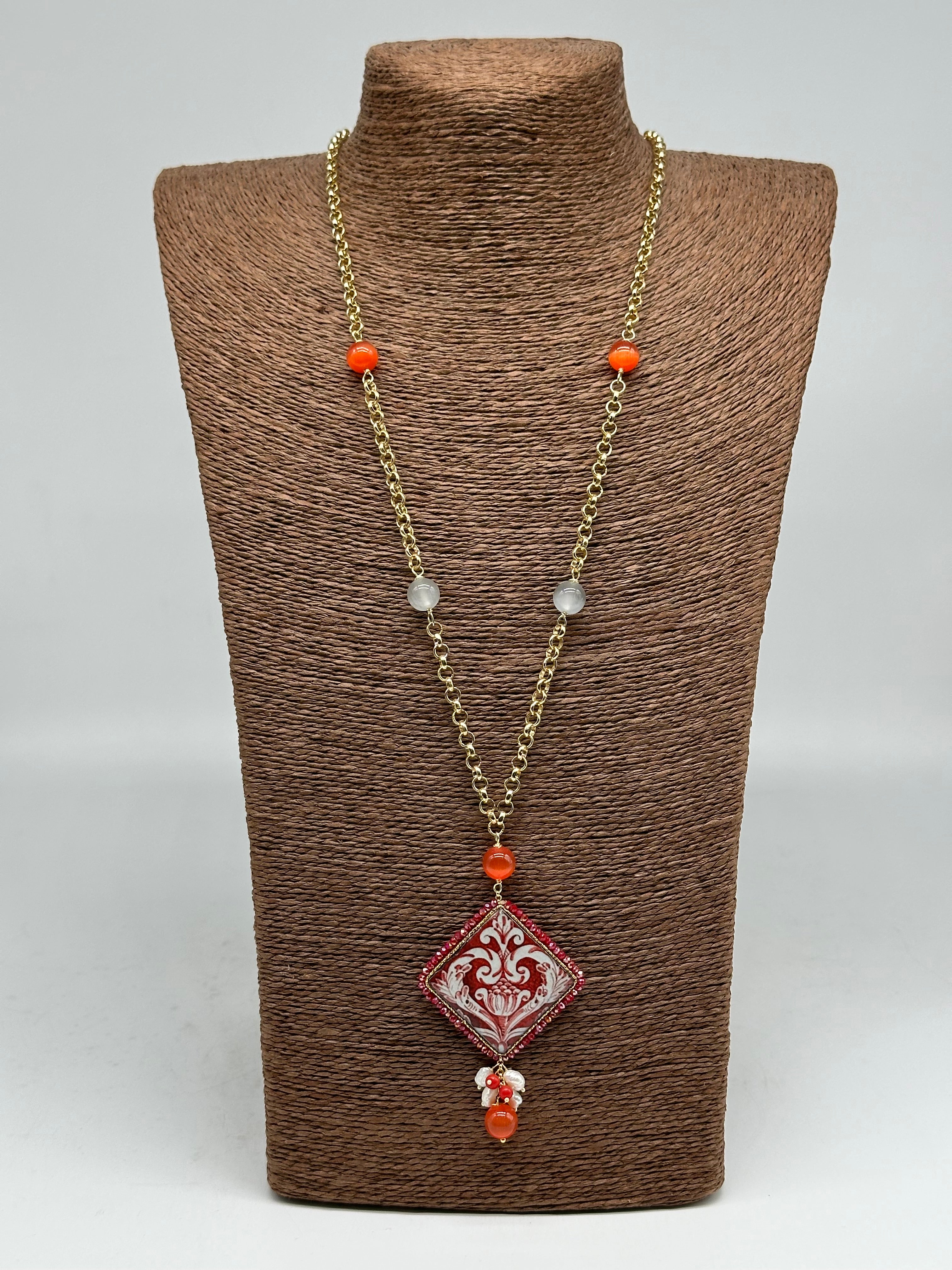 Collana Piastrella Ceramica di Caltagirone catena dorata con pietre V.2 - COLLANA