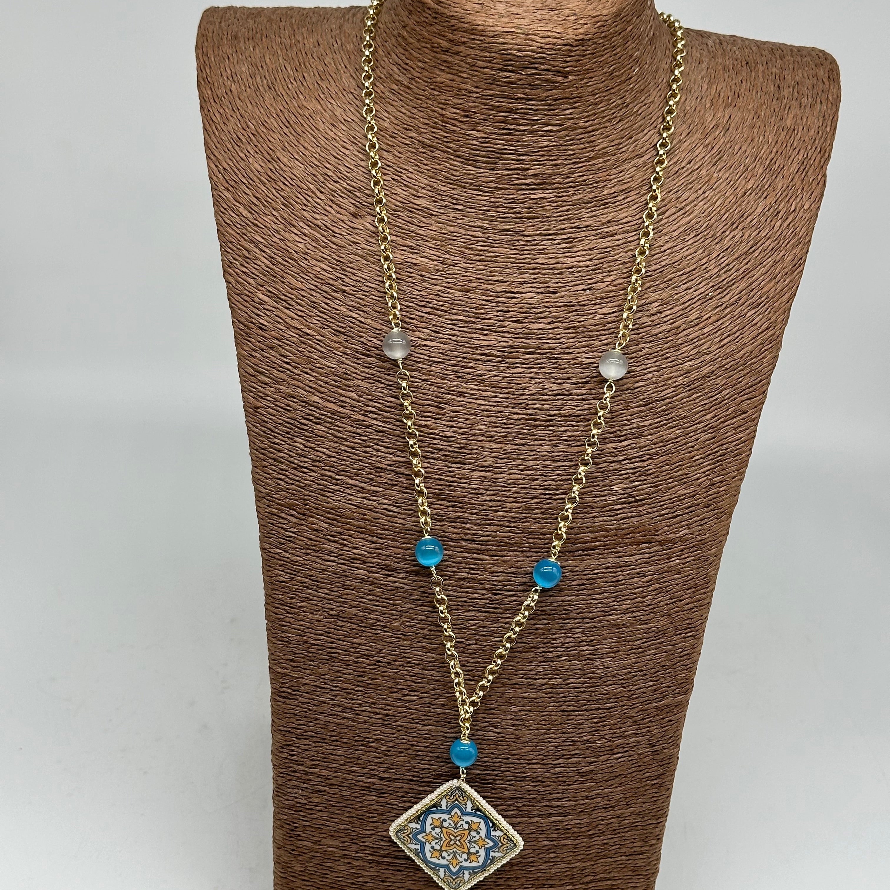Collana Piastrella Ceramica di Caltagirone catena dorata con pietre V.4 - COLLANA