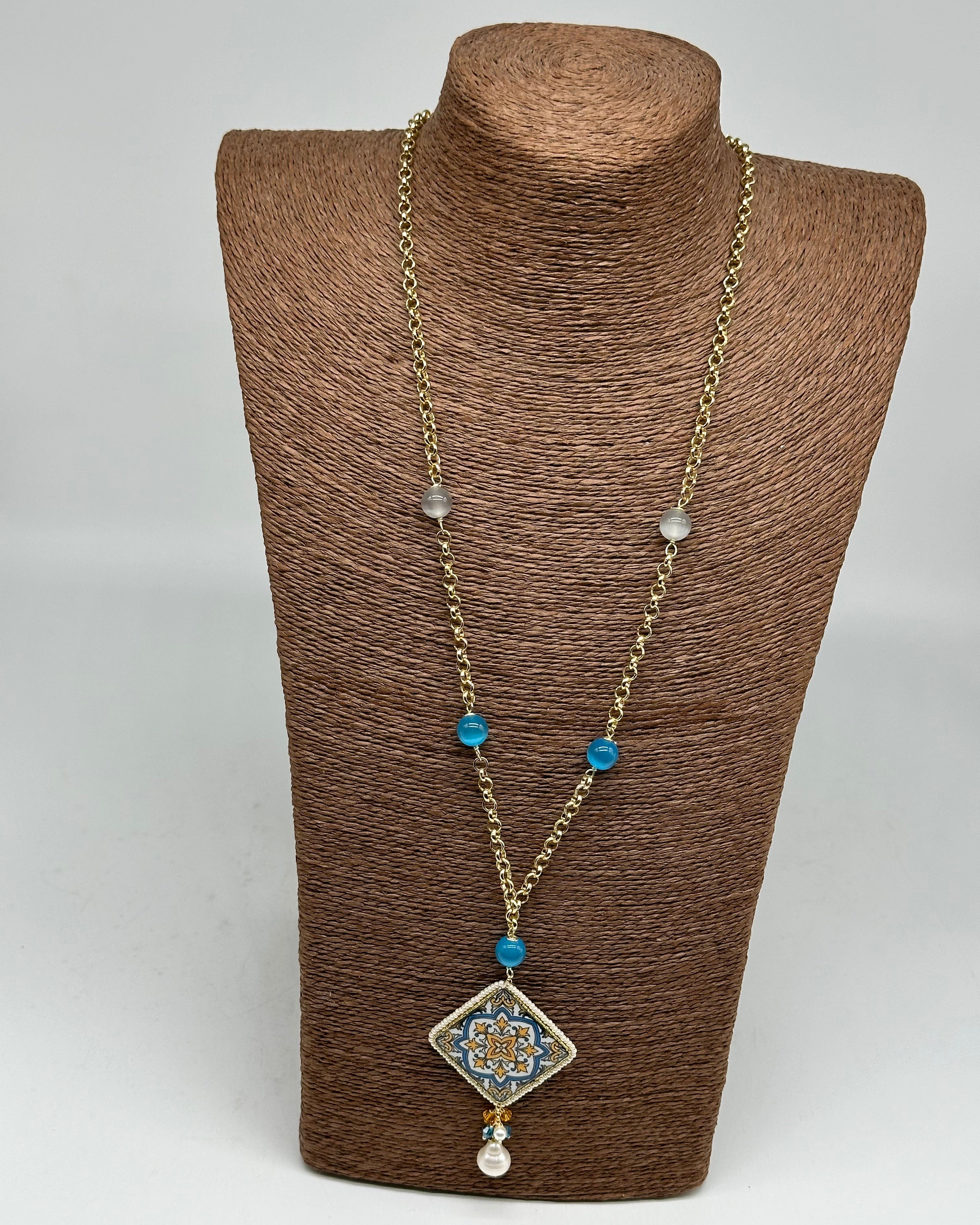 Collana Piastrella Ceramica di Caltagirone catena dorata con pietre V.4 - COLLANA