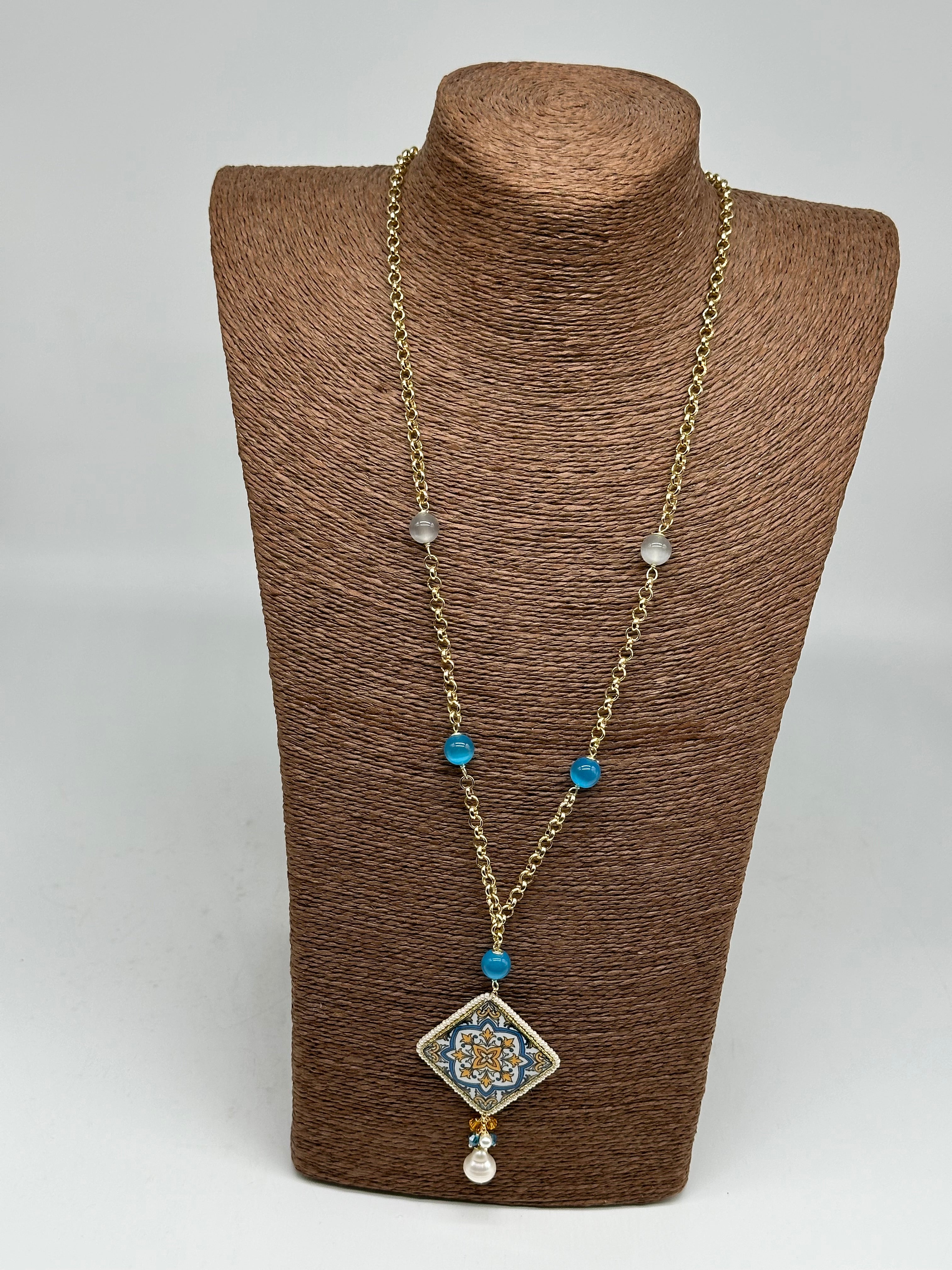 Collana Piastrella Ceramica di Caltagirone catena dorata con pietre V.4 - COLLANA