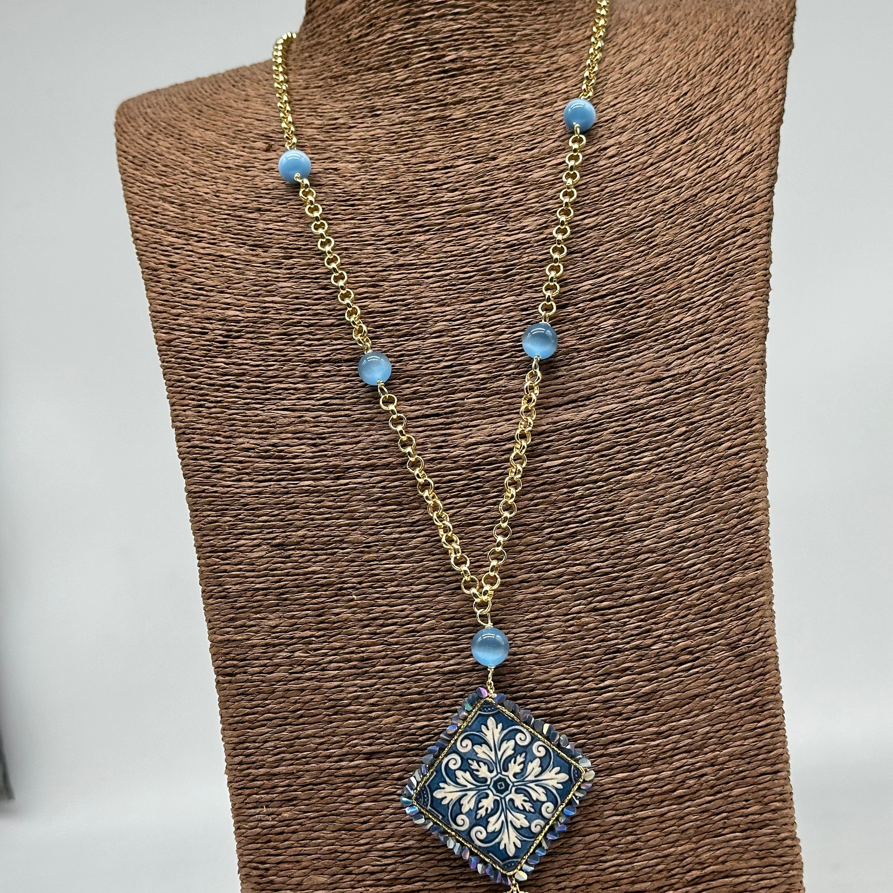 Collana Piastrella Ceramica di Caltagirone catena dorata con pietre V.3 - COLLANA