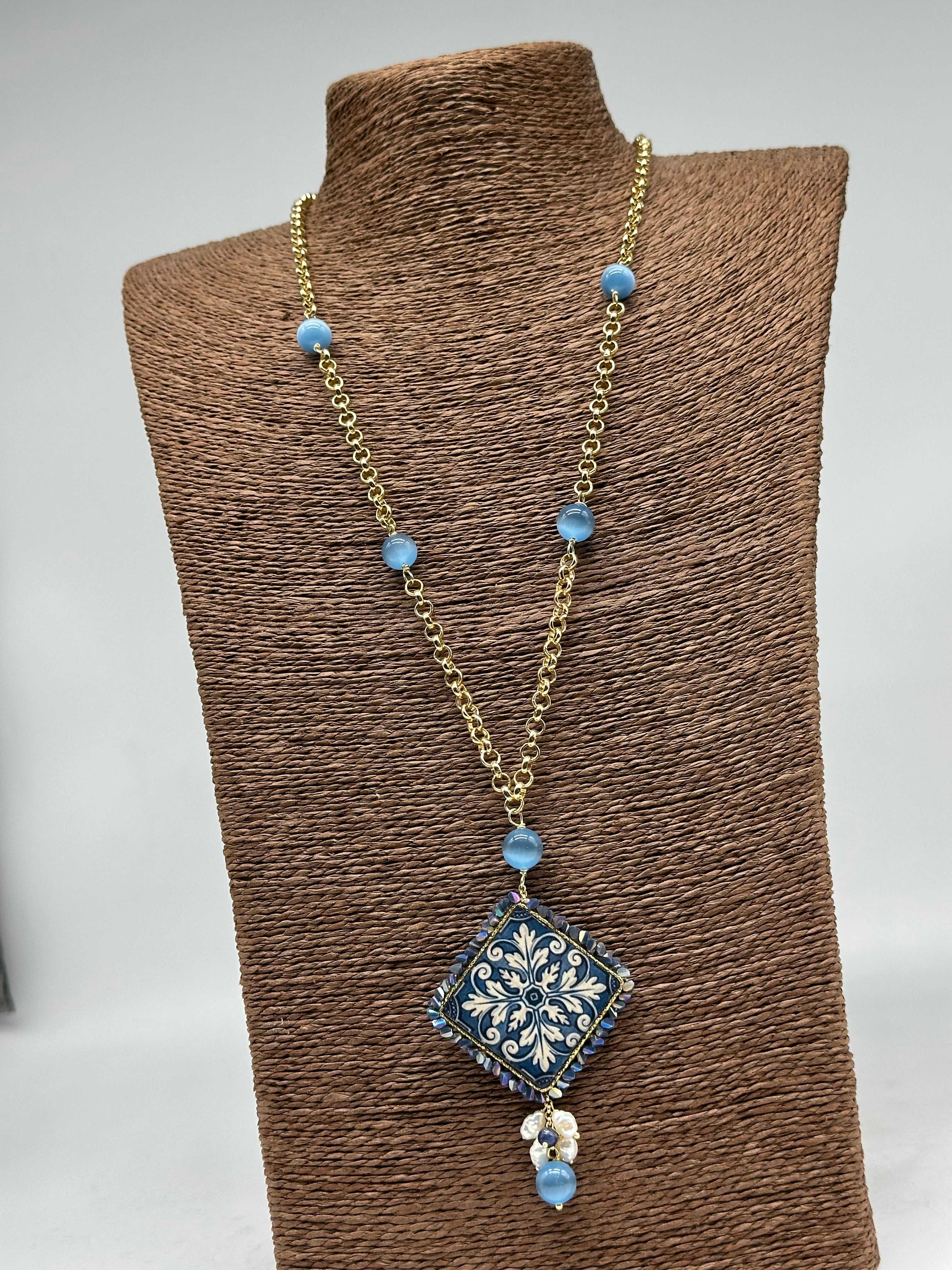 Collana Piastrella Ceramica di Caltagirone catena dorata con pietre V.3 - COLLANA
