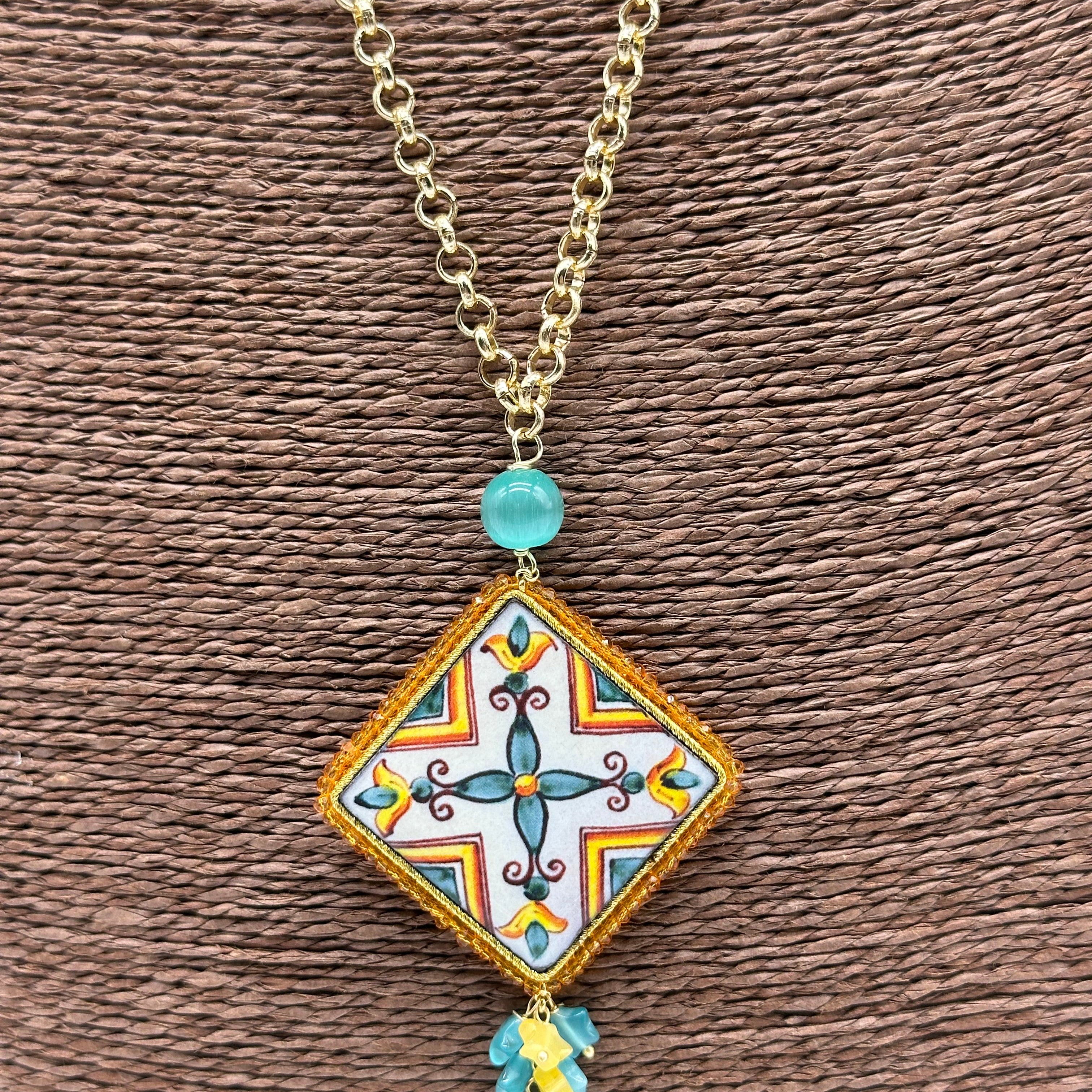Collana Piastrella Ceramica di Caltagirone catena dorata con pietre V.5 - COLLANA