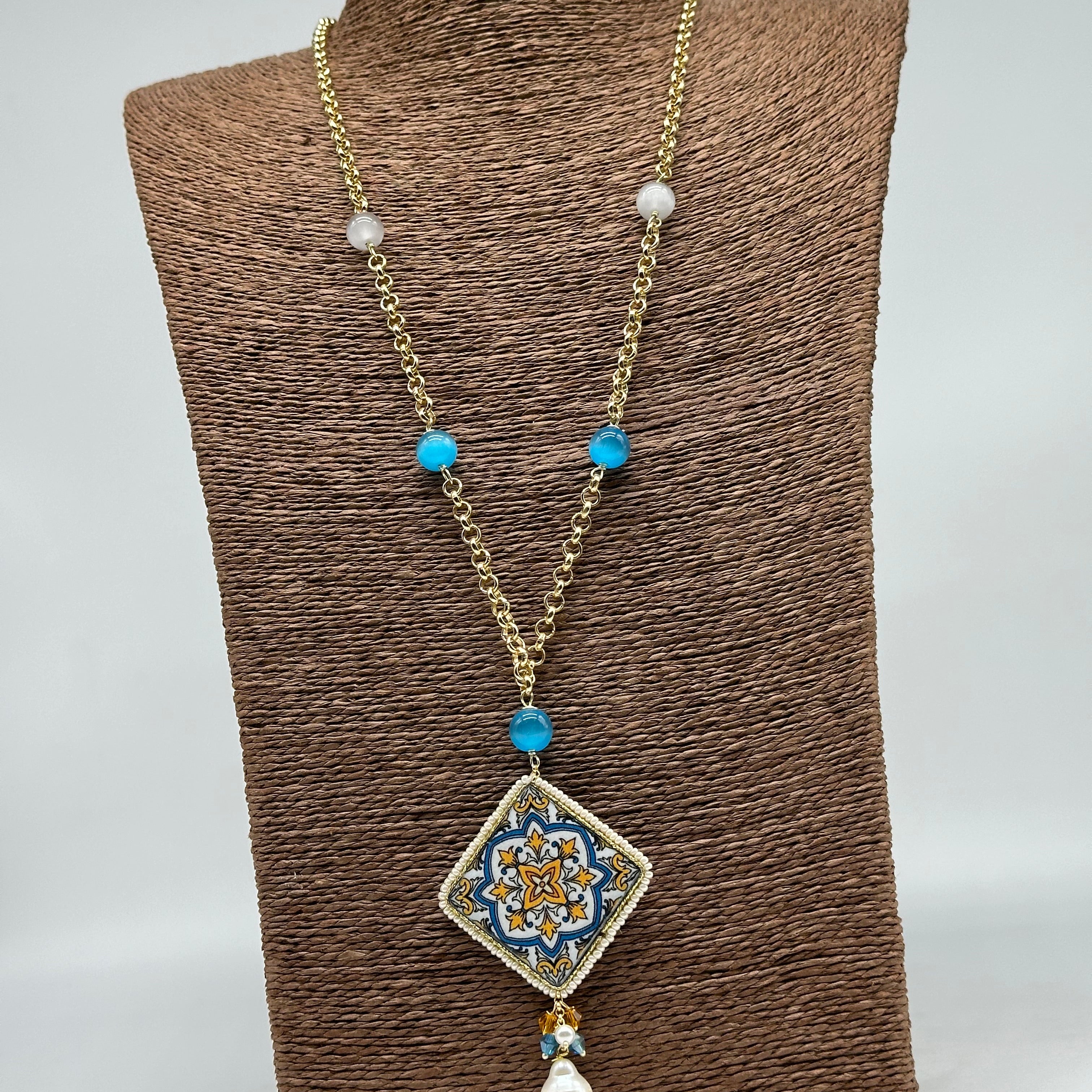 Collana Piastrella Ceramica di Caltagirone catena dorata con pietre V.4 - COLLANA