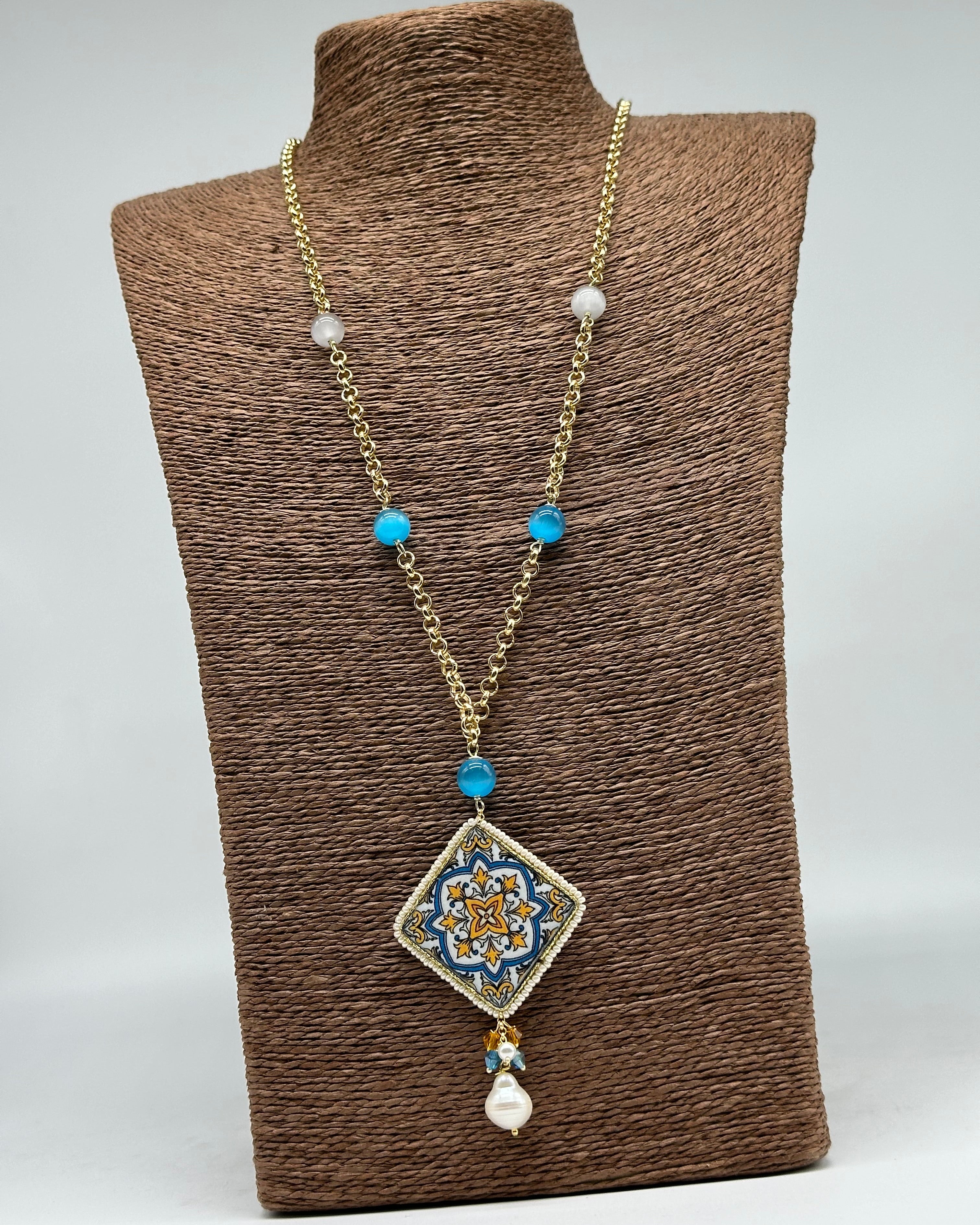 Collana Piastrella Ceramica di Caltagirone catena dorata con pietre V.4 - COLLANA