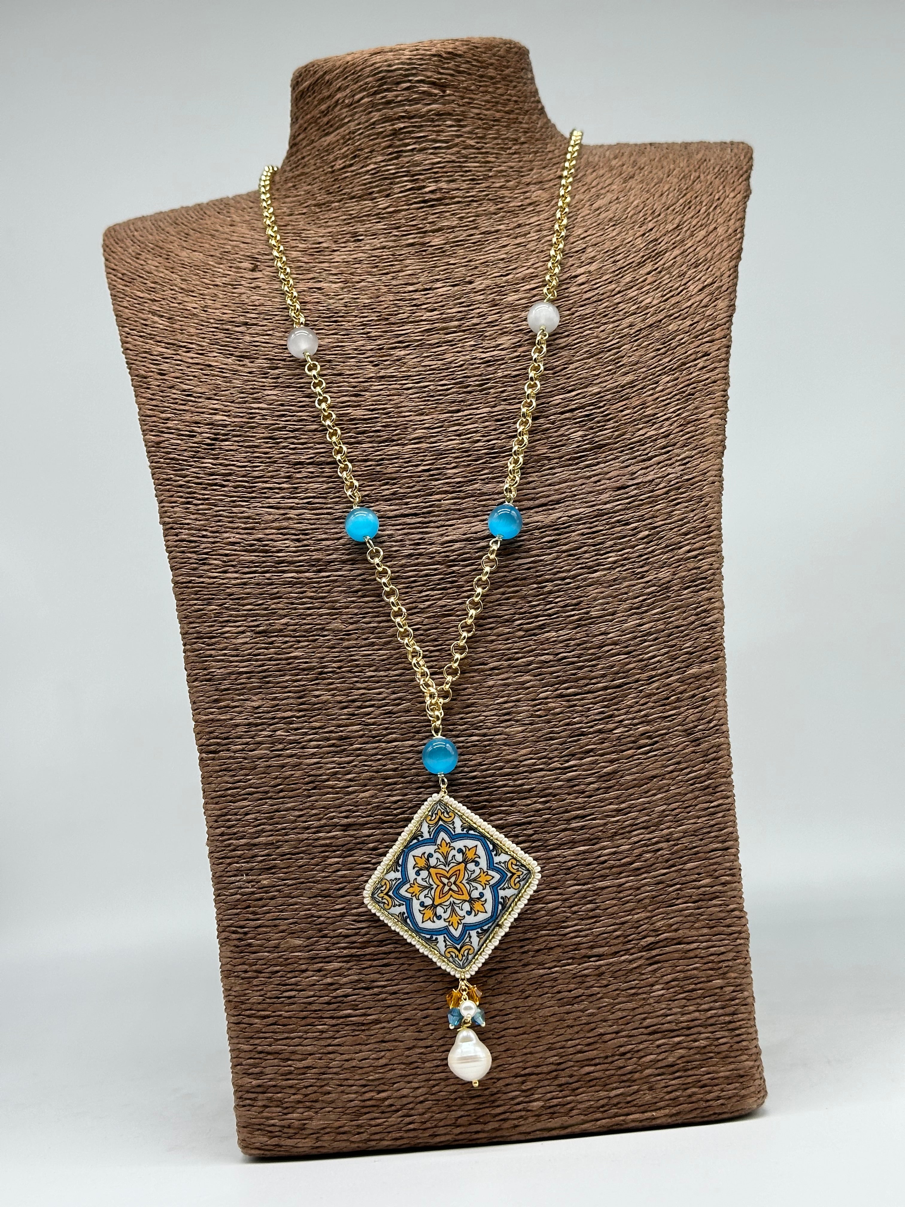 Collana Piastrella Ceramica di Caltagirone catena dorata con pietre V.4 - COLLANA