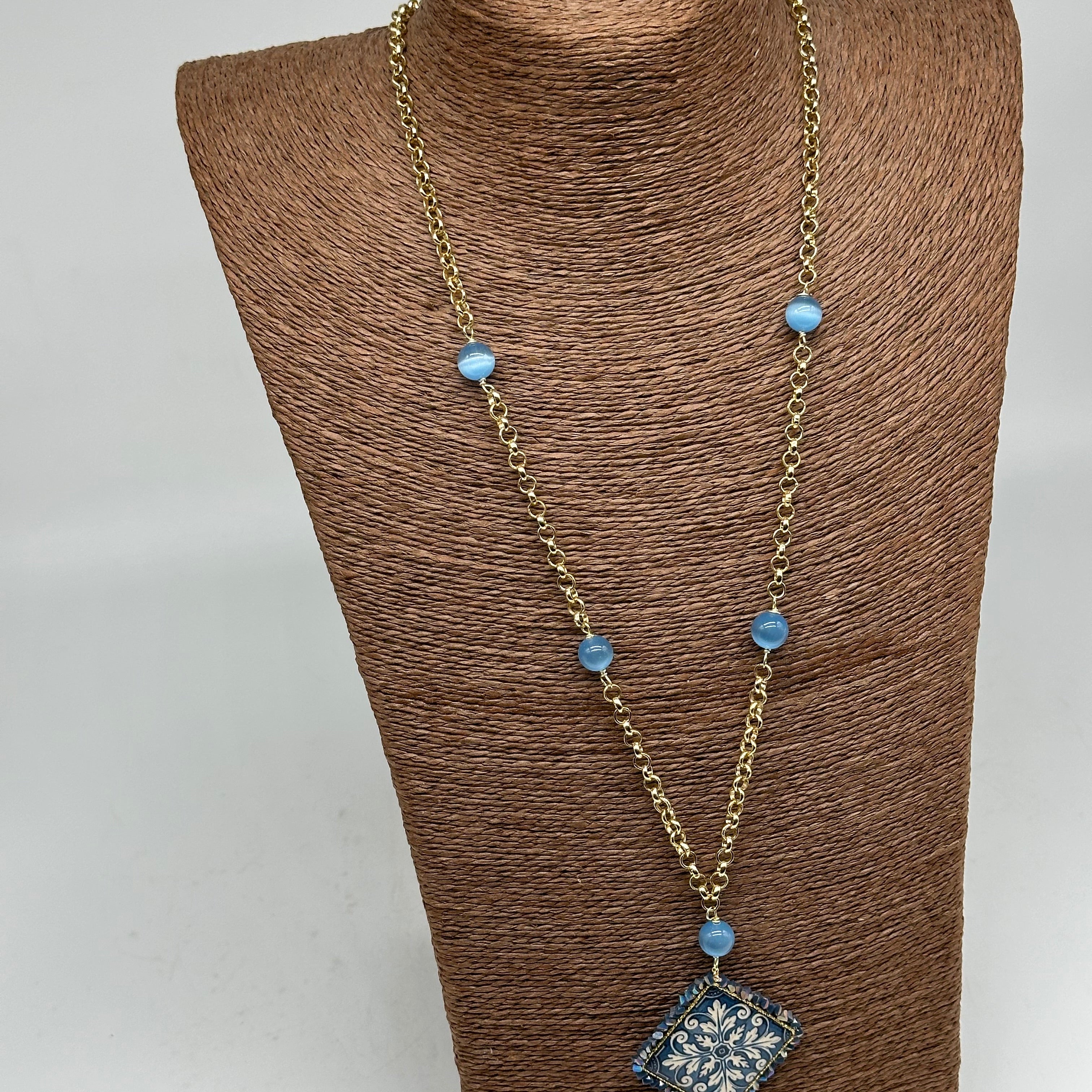 Collana Piastrella Ceramica di Caltagirone catena dorata con pietre V.3 - COLLANA