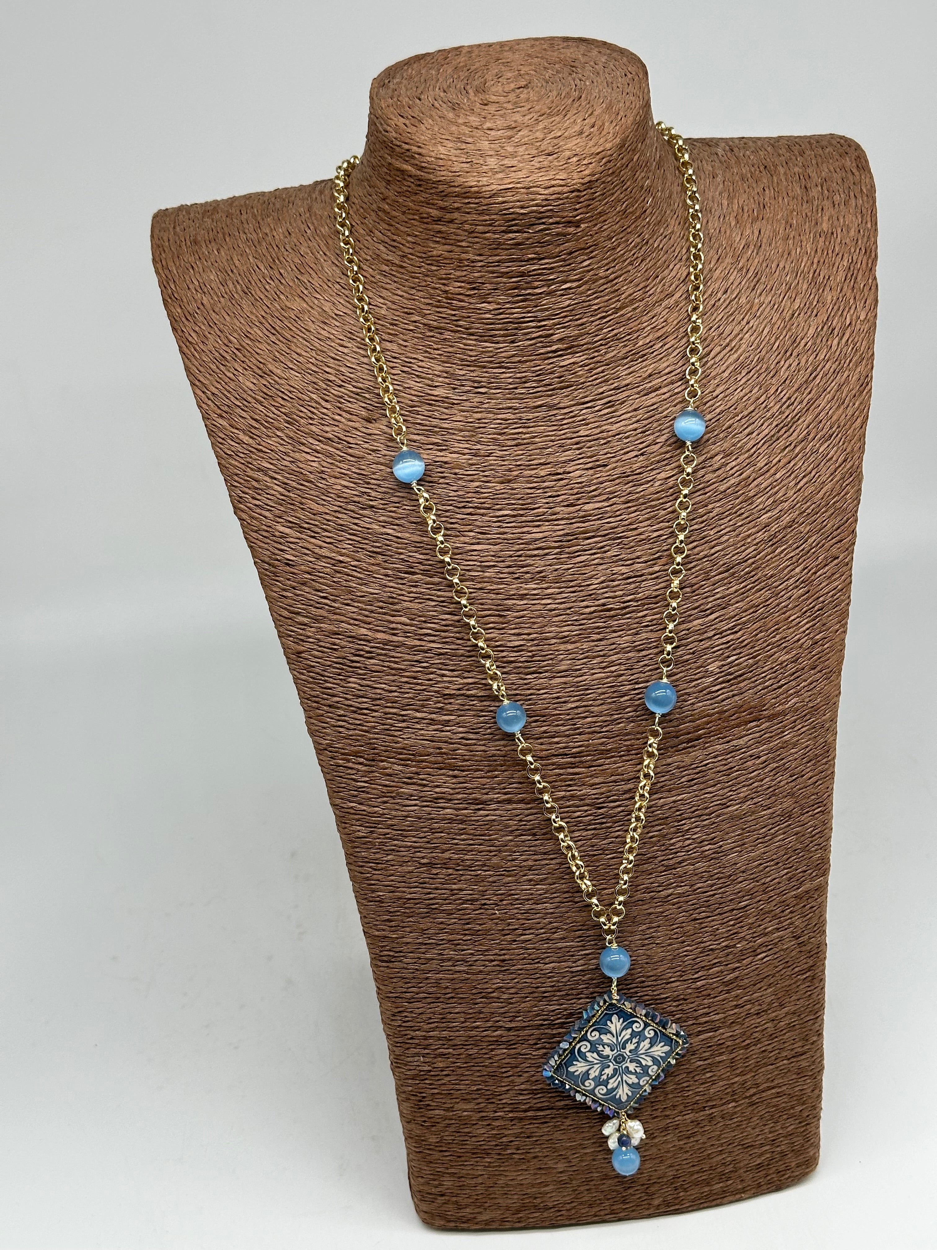 Collana Piastrella Ceramica di Caltagirone catena dorata con pietre V.3 - COLLANA