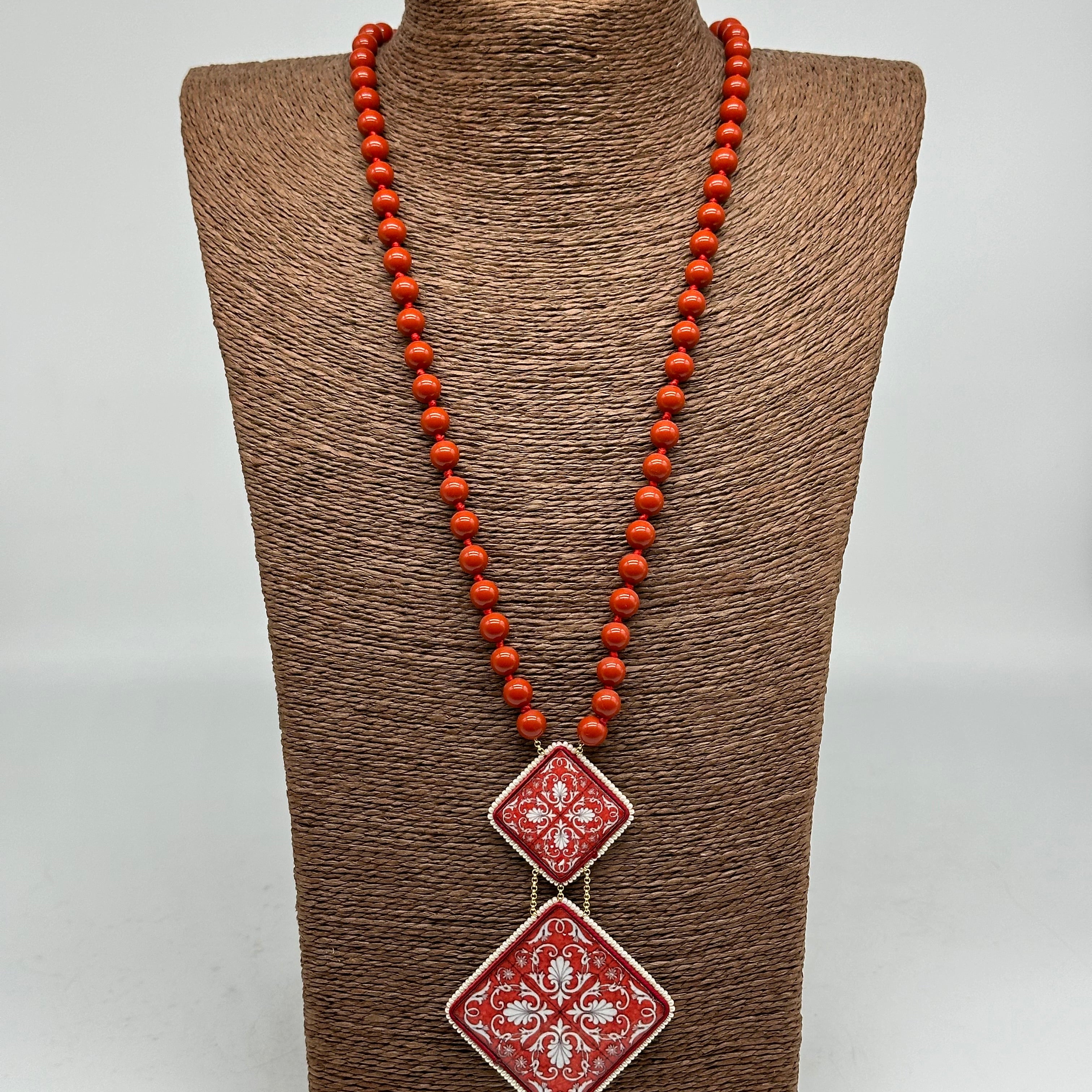 Collana Piastrelle Ceramica di Caltagirone catena con pietre rosse - COLLANA