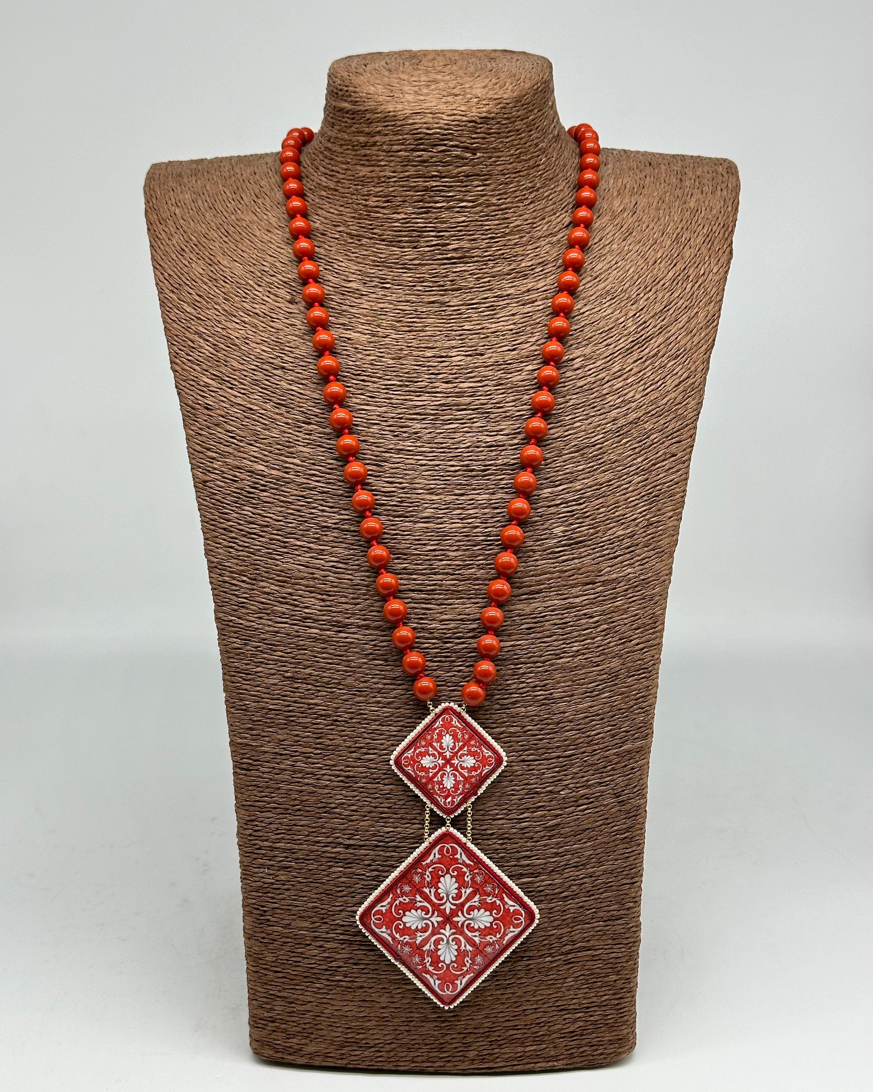 Collana Piastrelle Ceramica di Caltagirone catena con pietre rosse - COLLANA