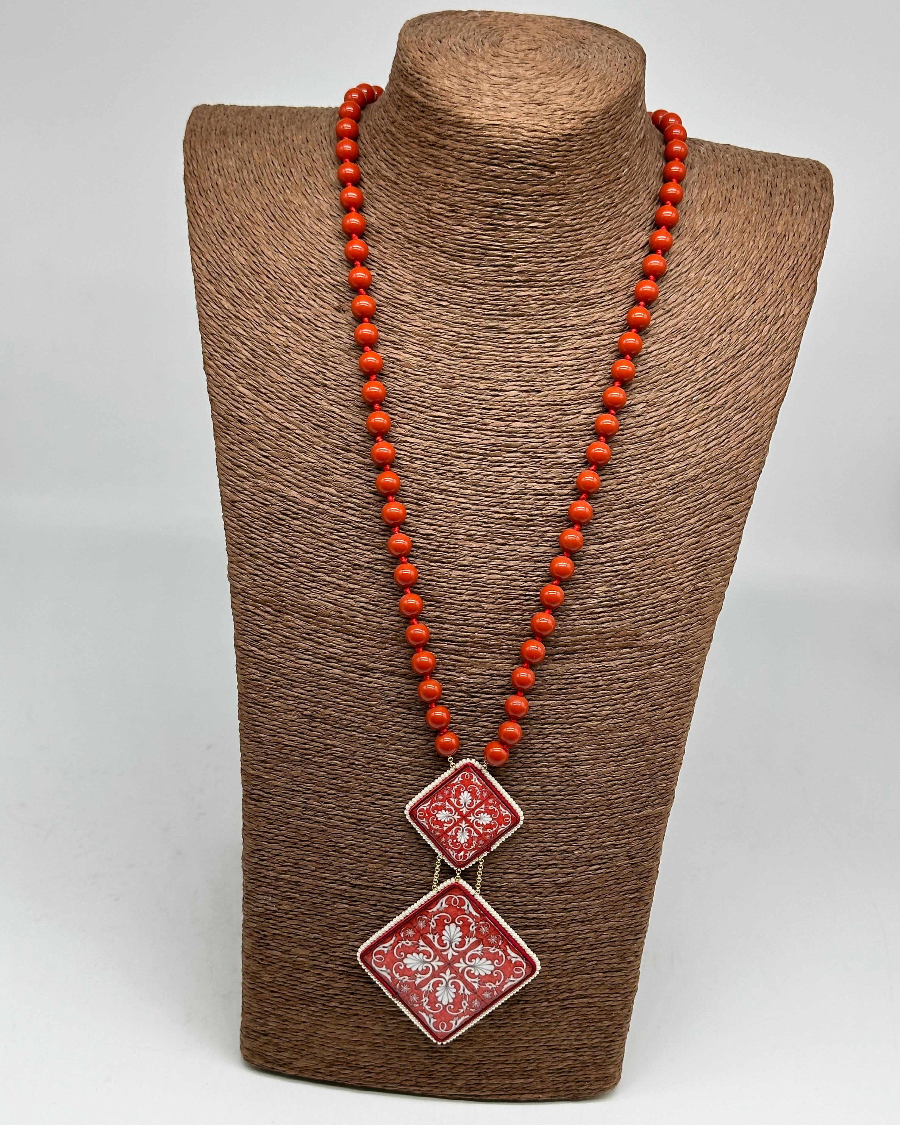Collana Piastrelle Ceramica di Caltagirone catena con pietre rosse - COLLANA