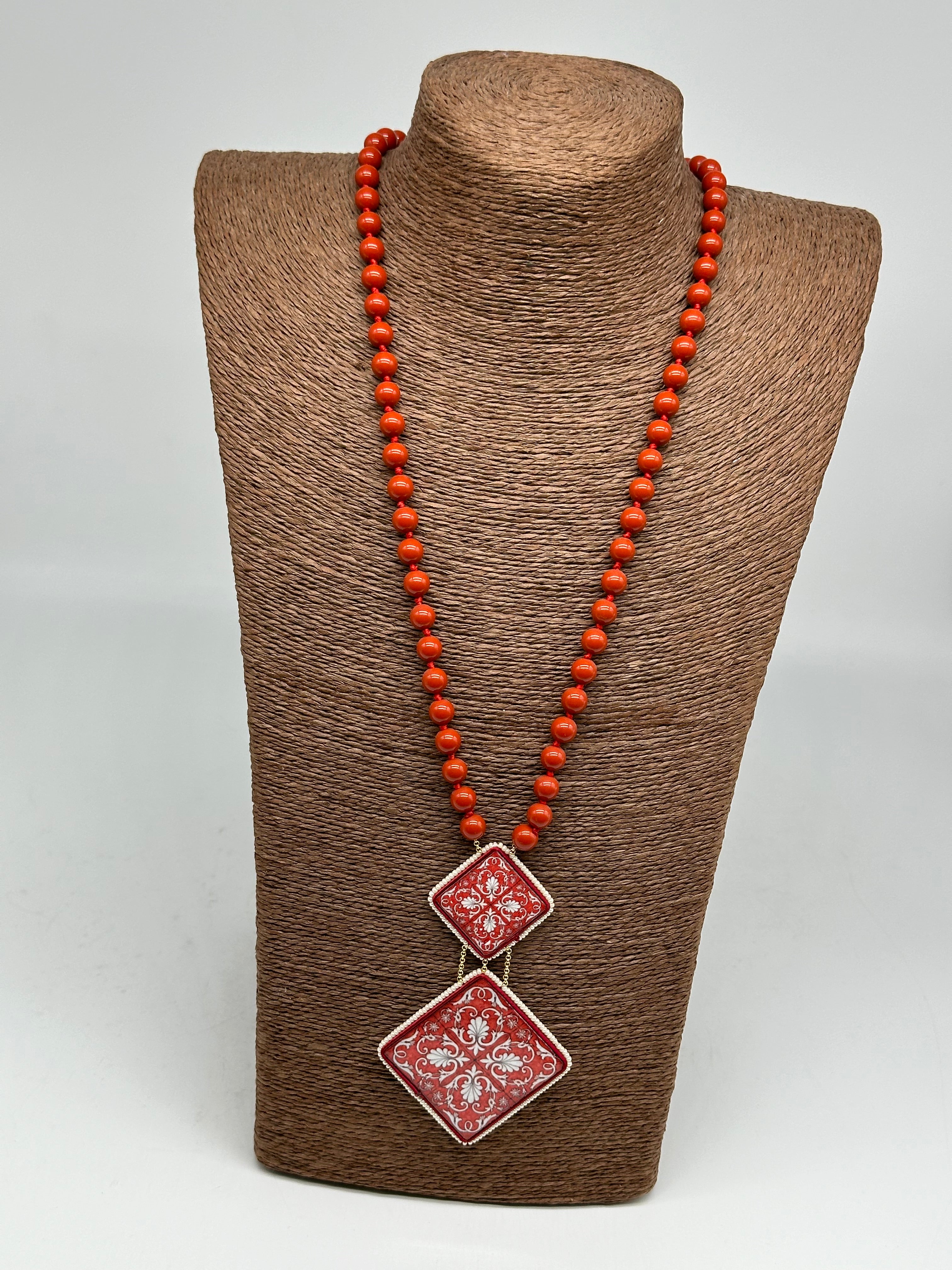 Collana Piastrelle Ceramica di Caltagirone catena con pietre rosse - COLLANA