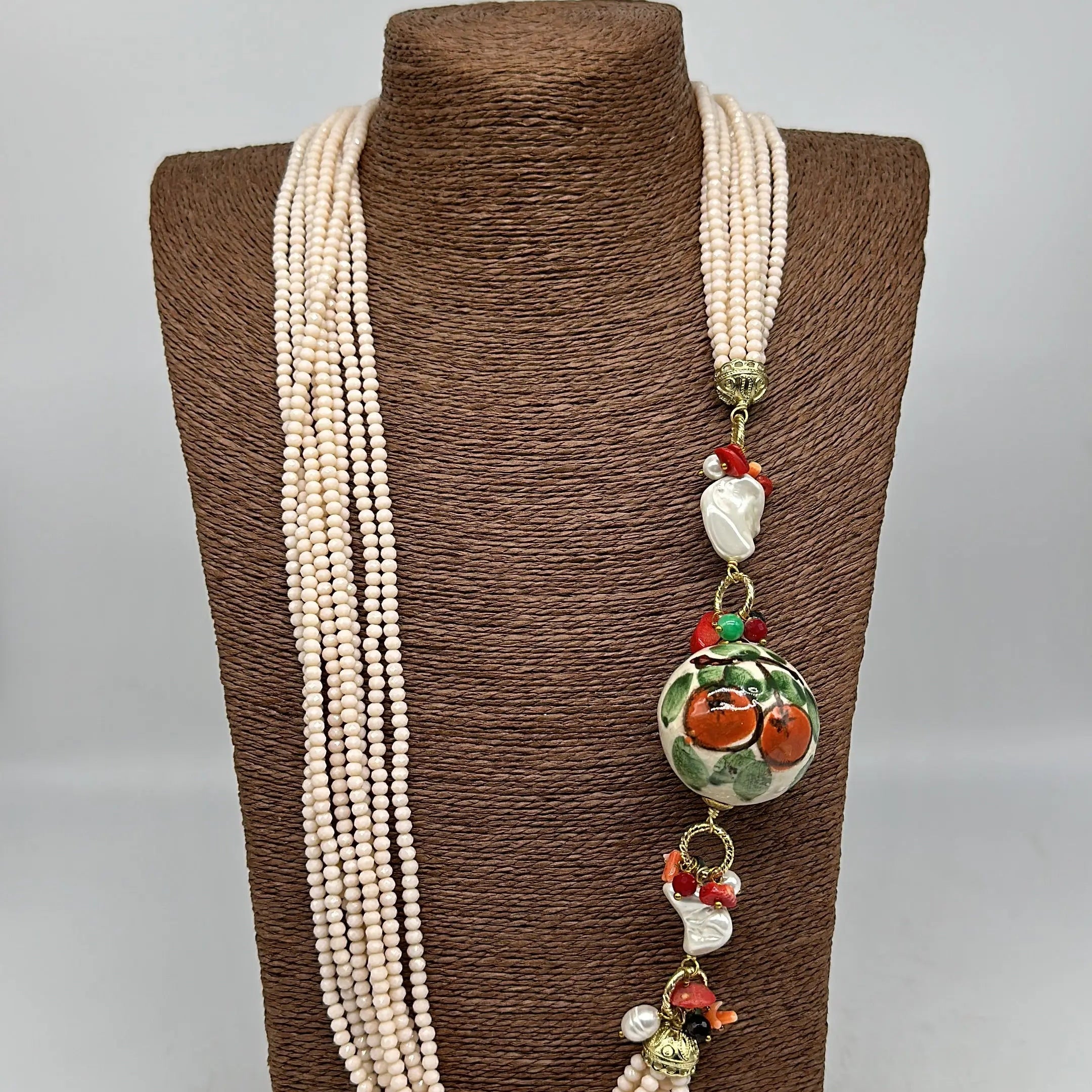 Collana Pietre Rosa Sfera Decorata Ceramica di Caltagirone e Perle DD CERAMICHE SICILIANE