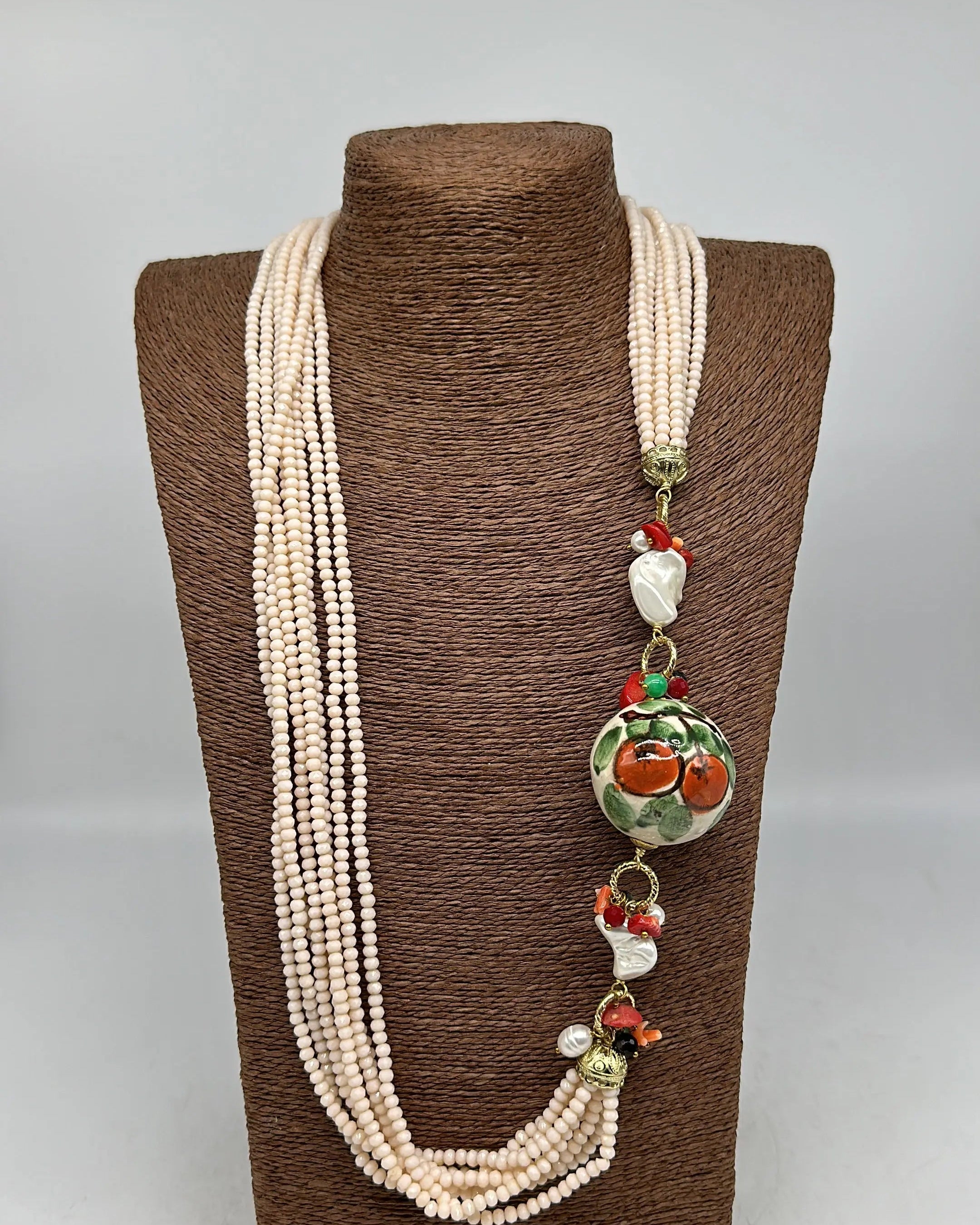 Collana Pietre Rosa Sfera Decorata Ceramica di Caltagirone e Perle DD CERAMICHE SICILIANE