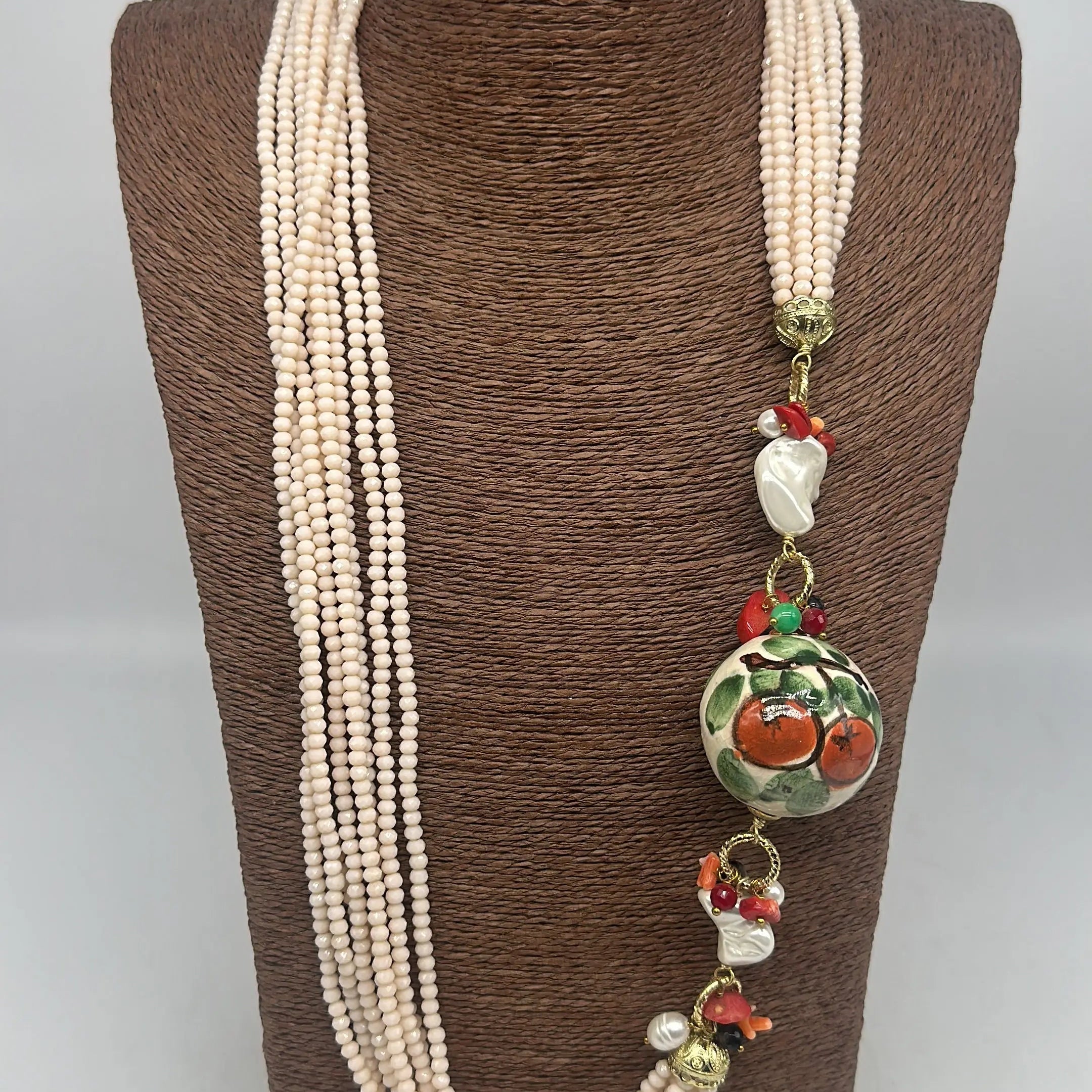 Collana Pietre Rosa Sfera Decorata Ceramica di Caltagirone e Perle DD CERAMICHE SICILIANE