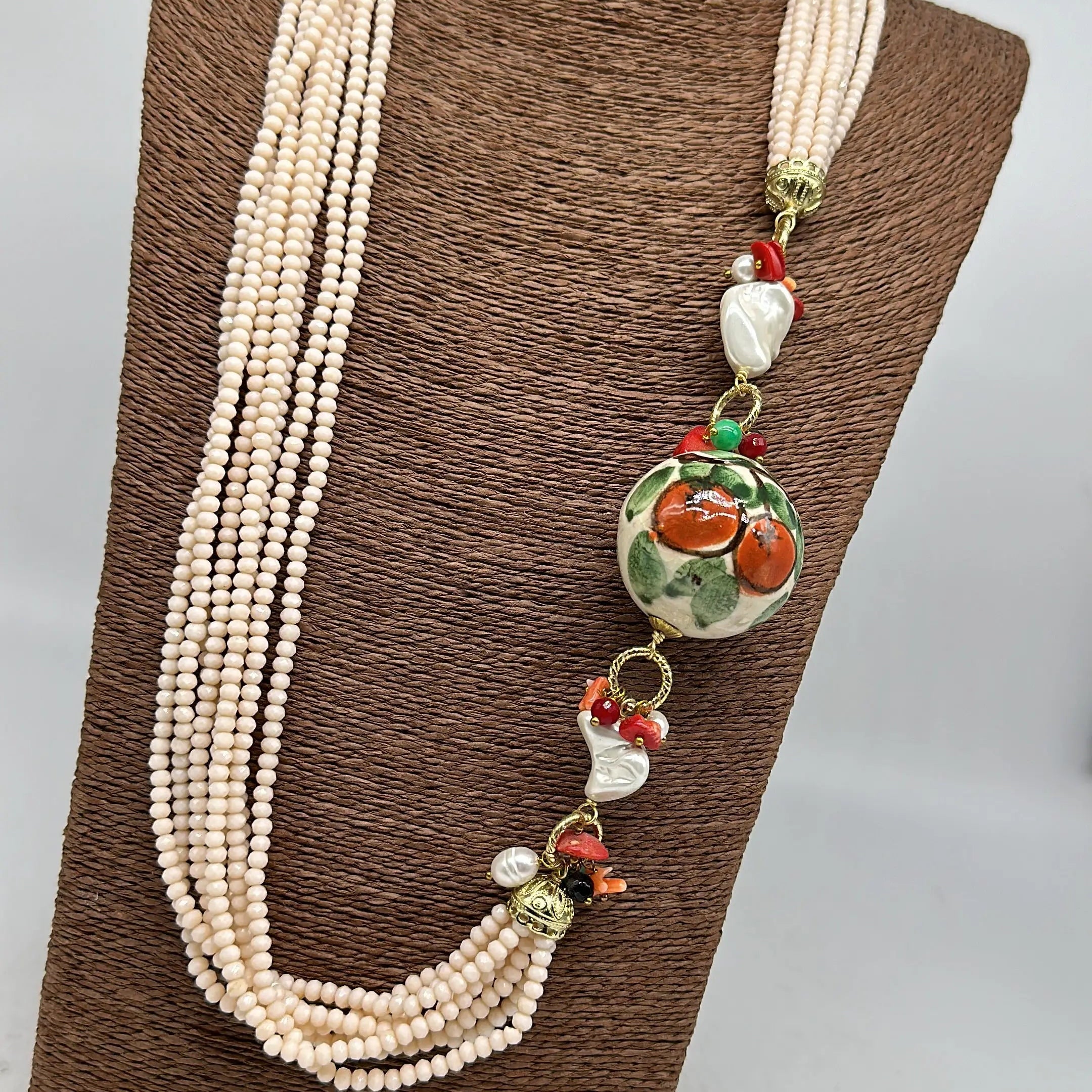 Collana Pietre Rosa Sfera Decorata Ceramica di Caltagirone e Perle DD CERAMICHE SICILIANE