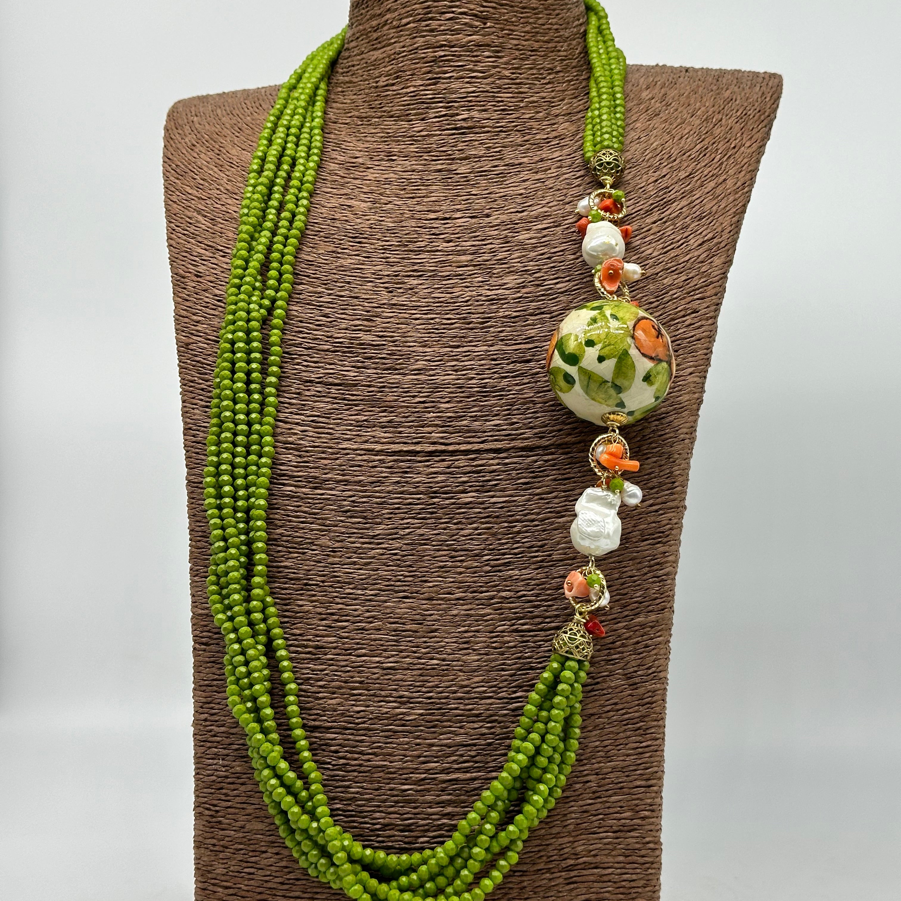 Collana Pietre Verde Sfera Decorata Ceramica di Caltagirone e Perle - COLLANA