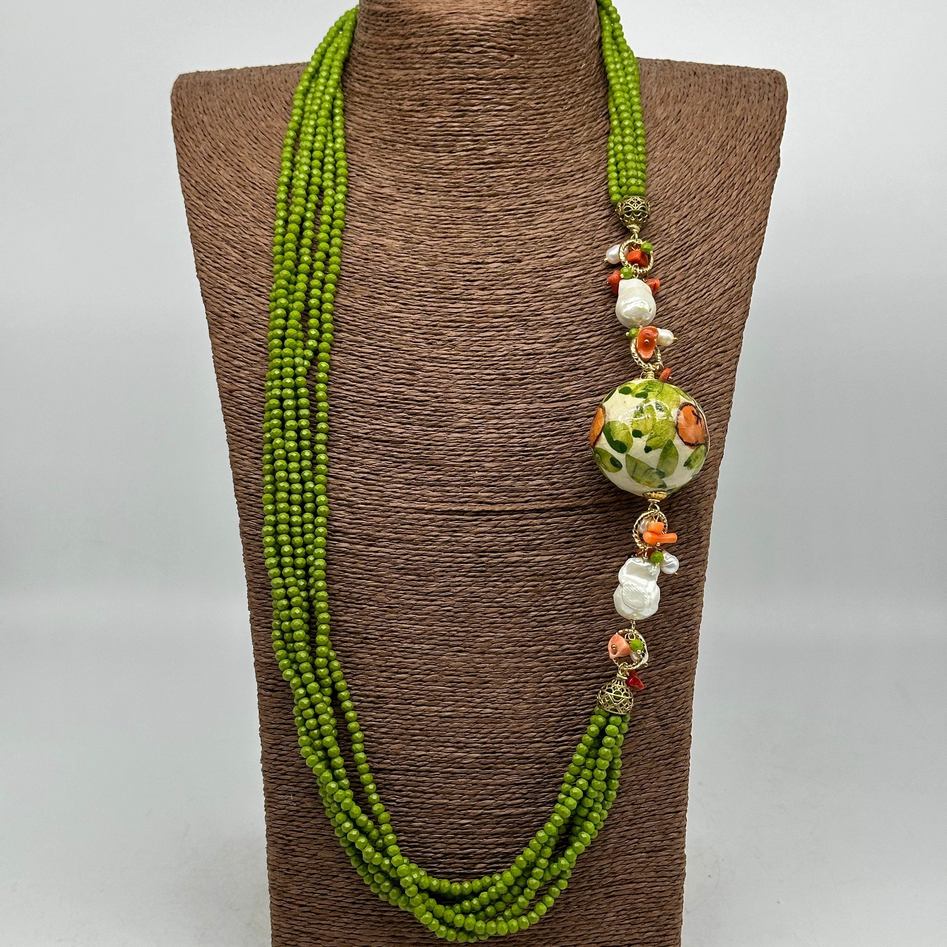 Collana Pietre Verde Sfera Decorata Ceramica di Caltagirone e Perle - COLLANA