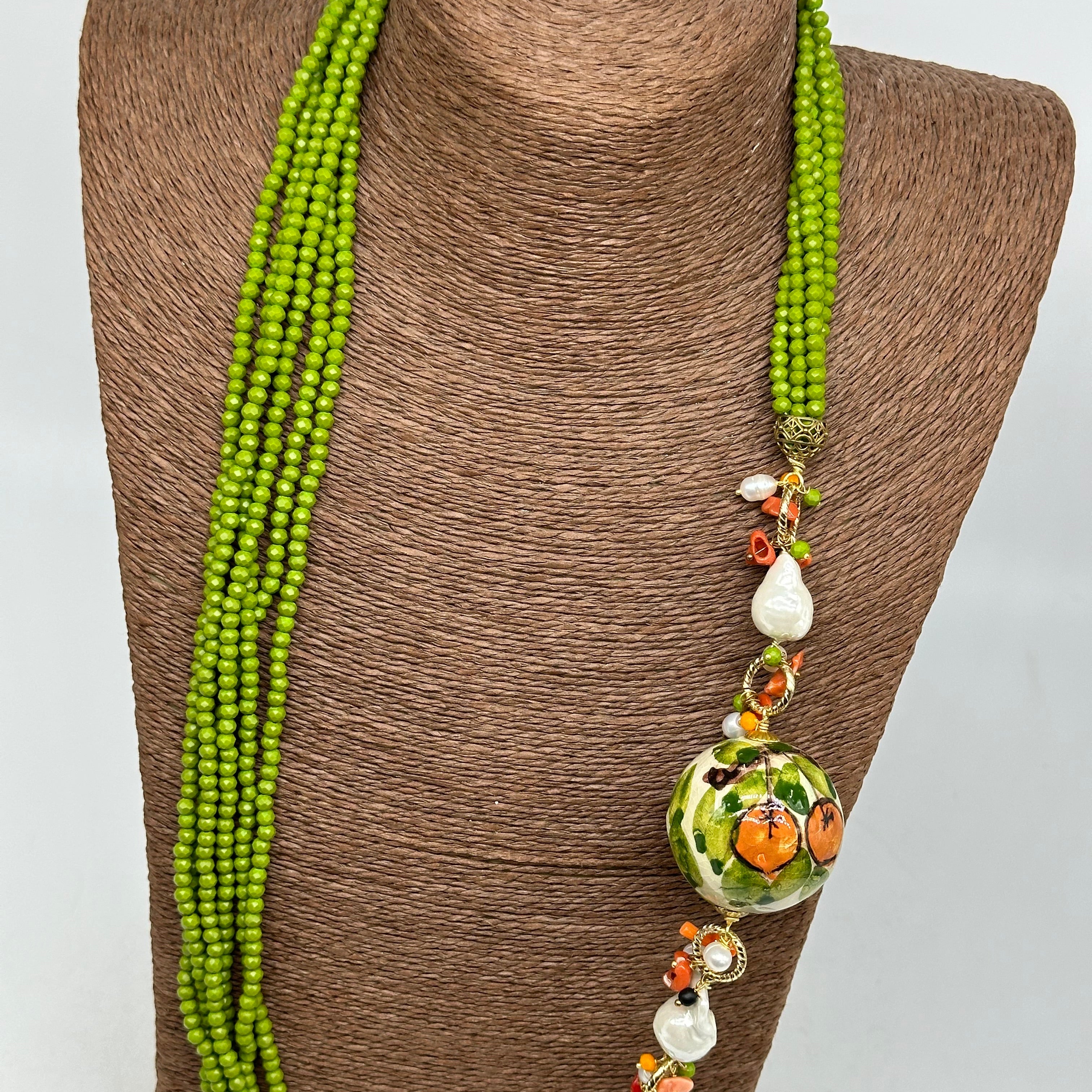 Collana Pietre Verde Sfera Decorata Ceramica di Caltagirone e Perle - COLLANA