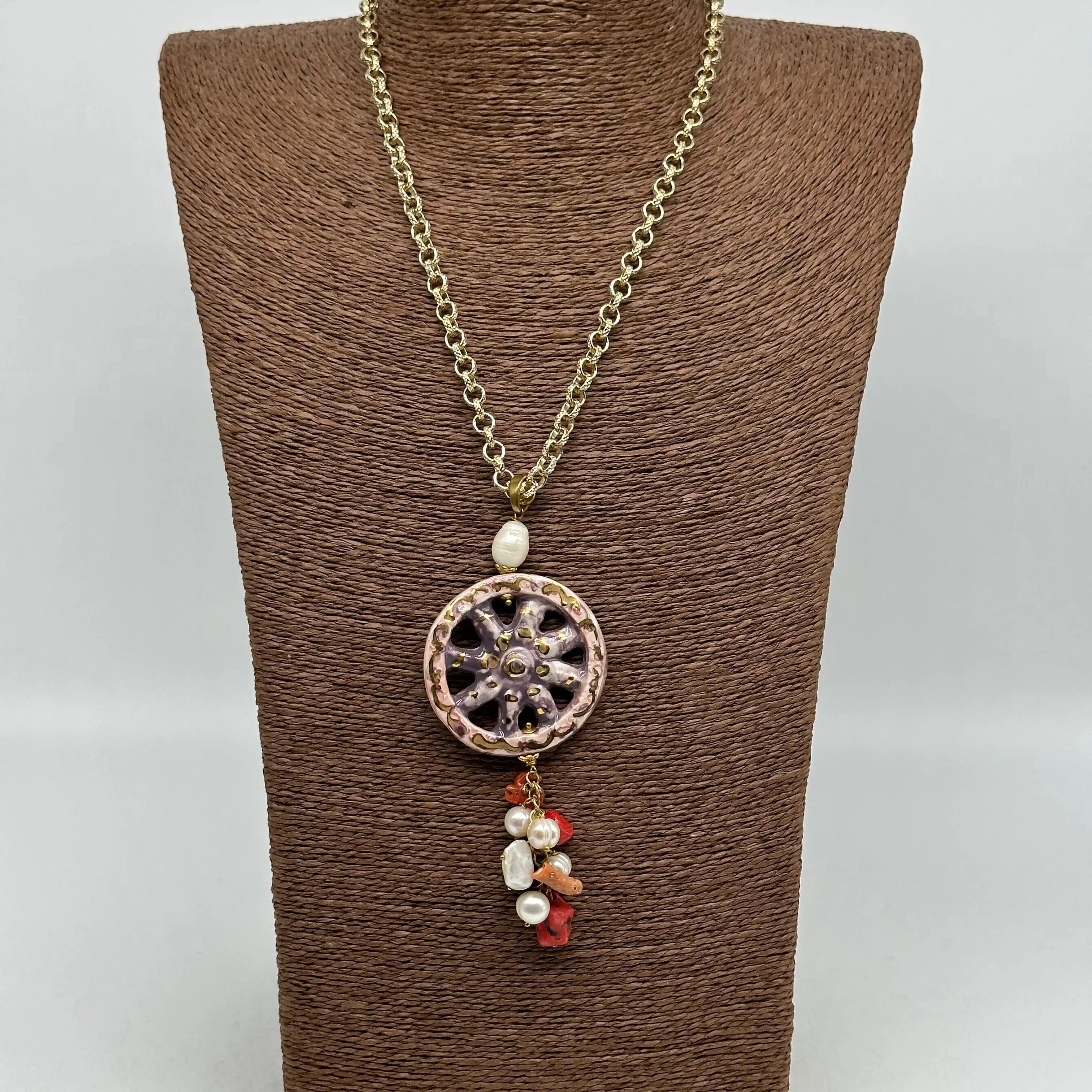 Collana Ruota Carretto decorata Rosa Ceramica di Caltagirone DD CERAMICHE SICILIANE