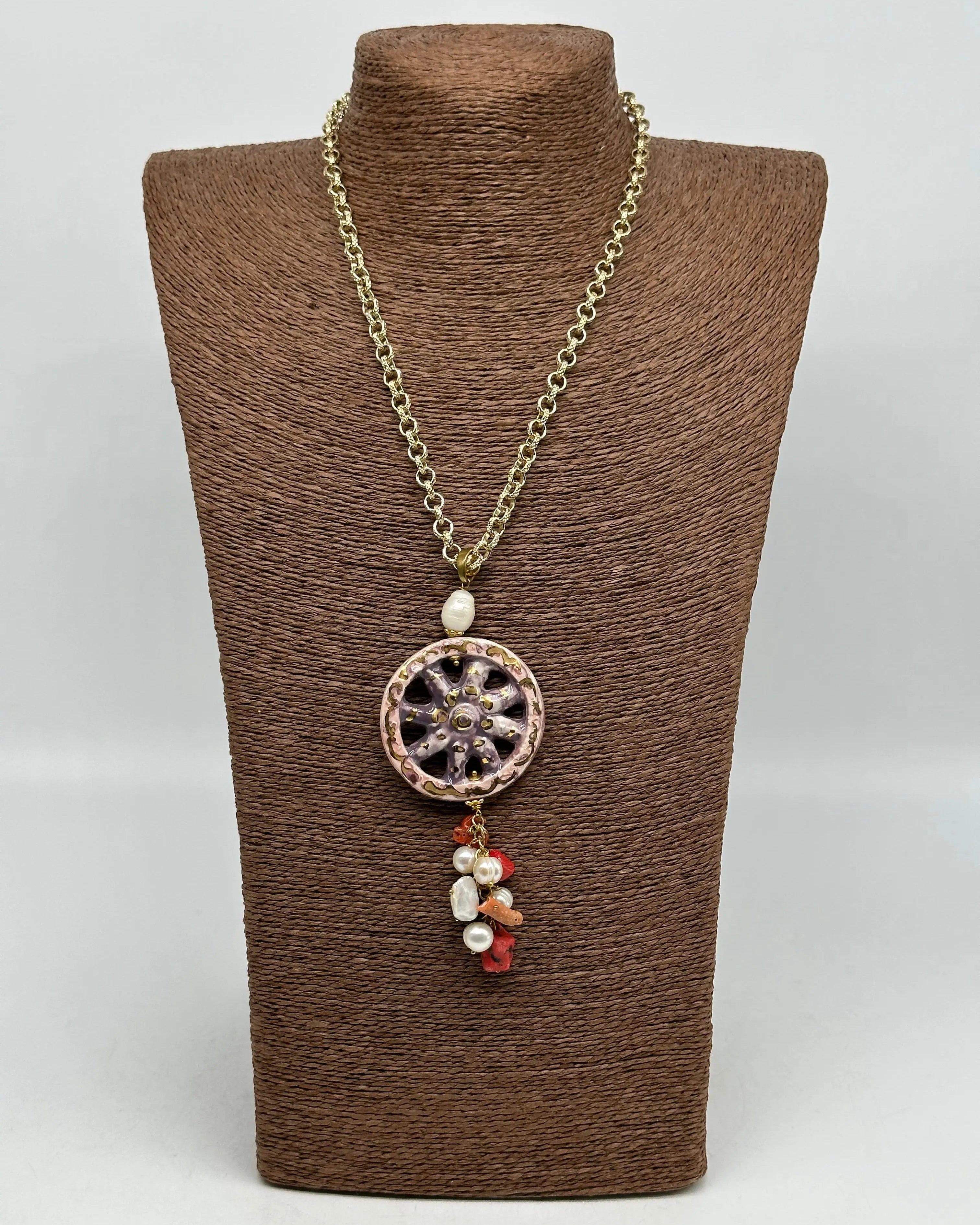 Collana Ruota Carretto decorata Rosa Ceramica di Caltagirone DD CERAMICHE SICILIANE