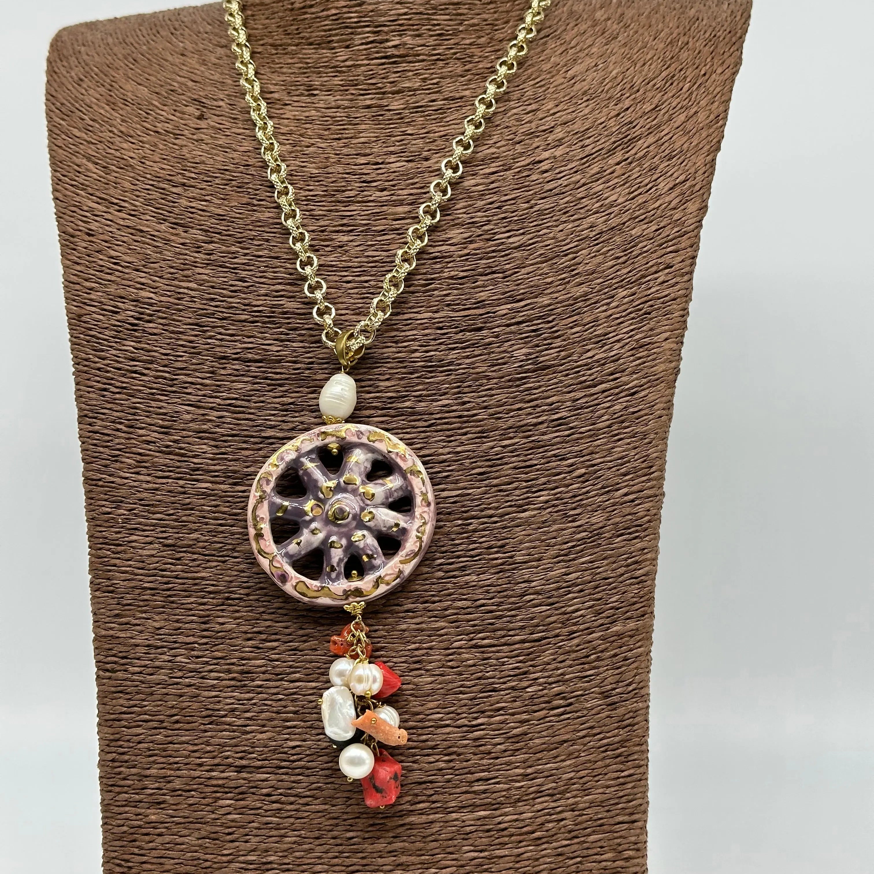 Collana Ruota Carretto decorata Rosa Ceramica di Caltagirone DD CERAMICHE SICILIANE