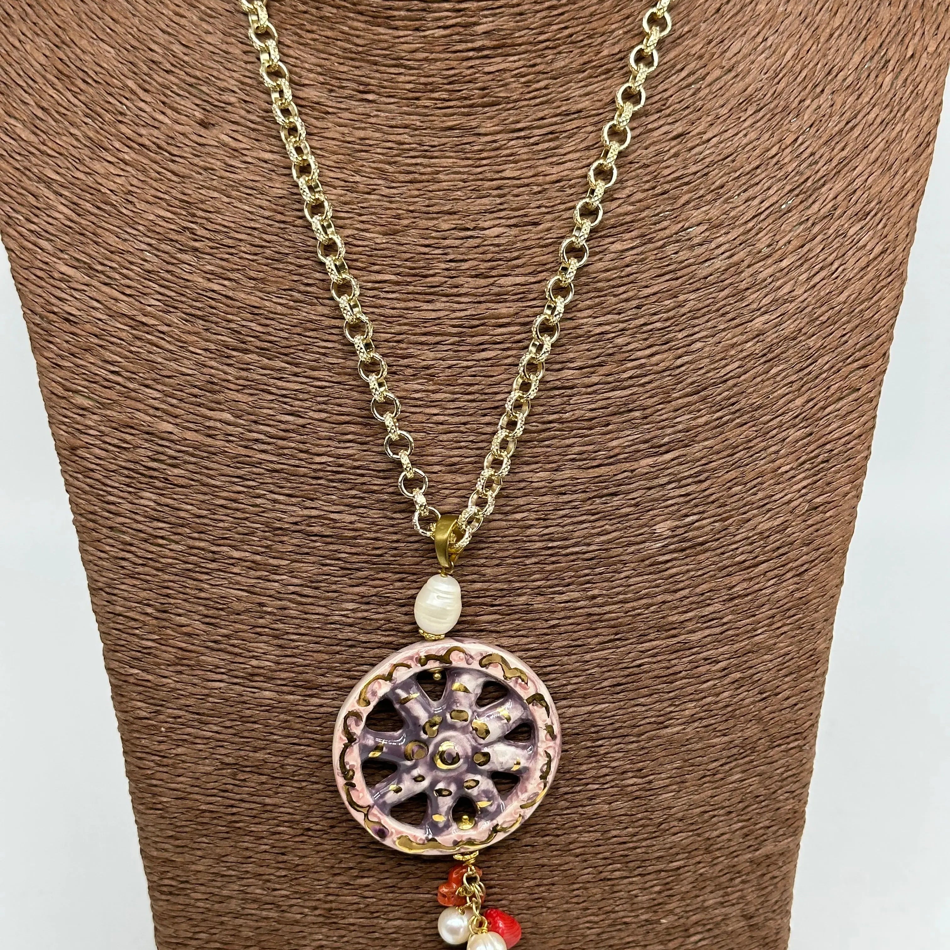 Collana Ruota Carretto decorata Rosa Ceramica di Caltagirone DD CERAMICHE SICILIANE