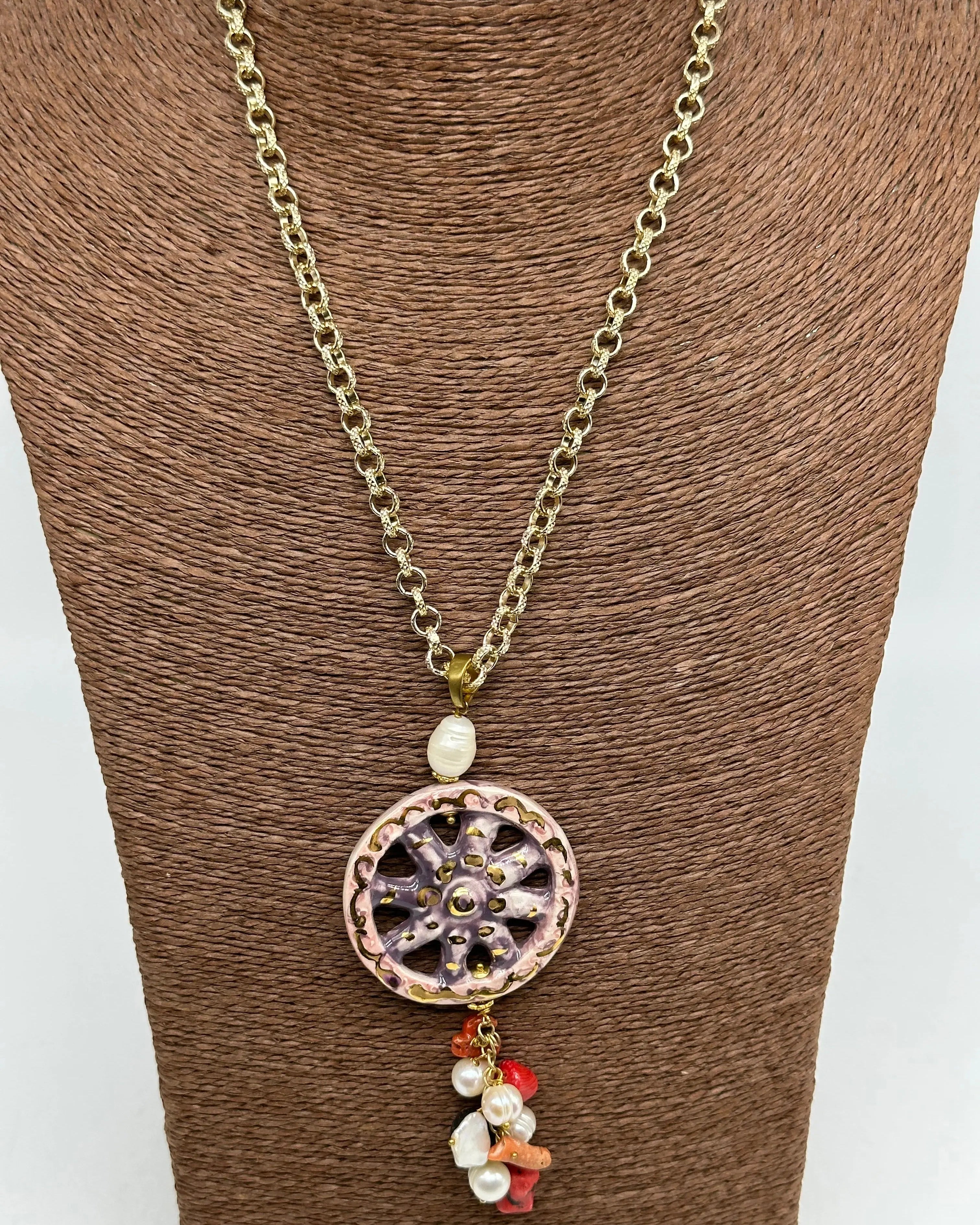 Collana Ruota Carretto decorata Rosa Ceramica di Caltagirone DD CERAMICHE SICILIANE
