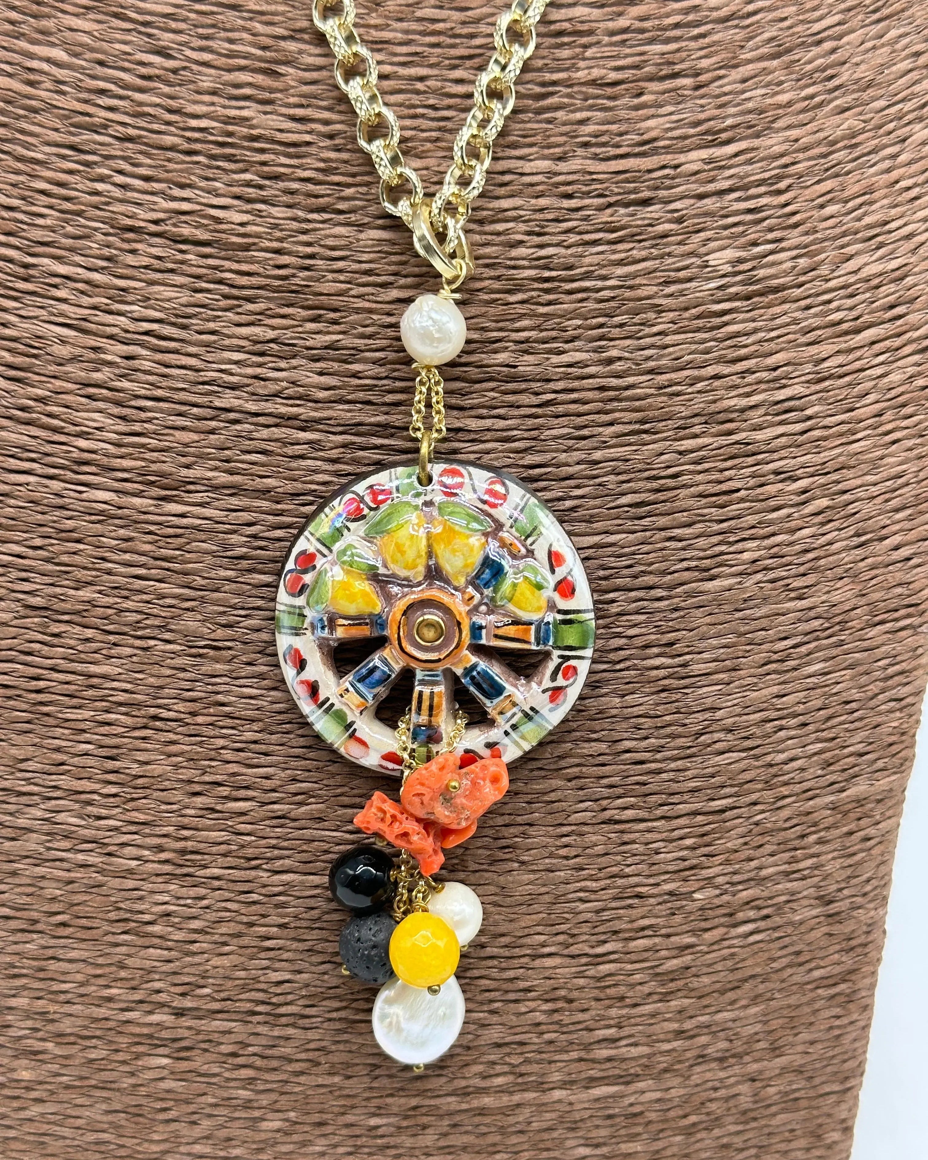 Collana Ruota Carretto e Limoni decorata Ceramica di Caltagirone DD CERAMICHE SICILIANE