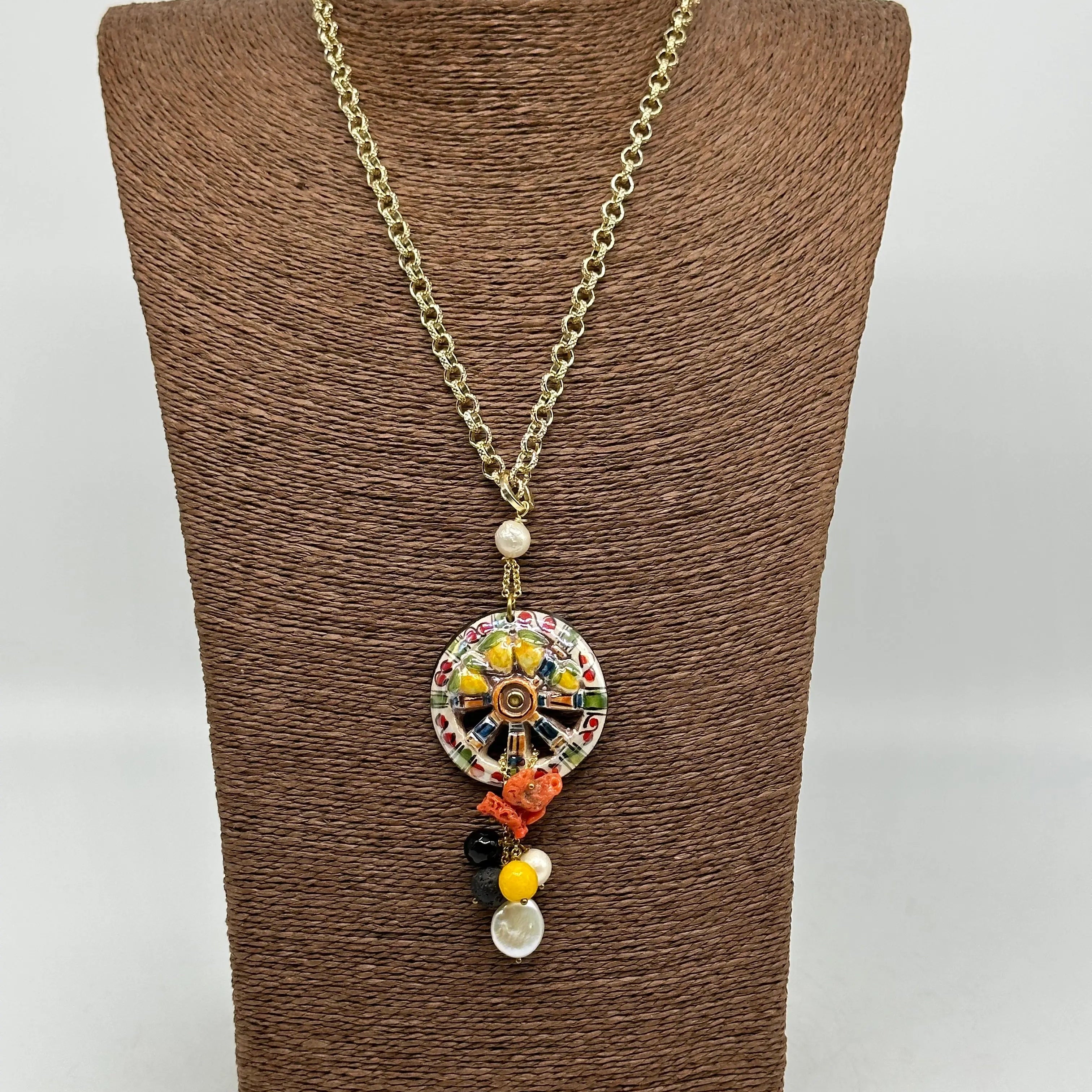 Collana Ruota Carretto e Limoni decorata Ceramica di Caltagirone DD CERAMICHE SICILIANE