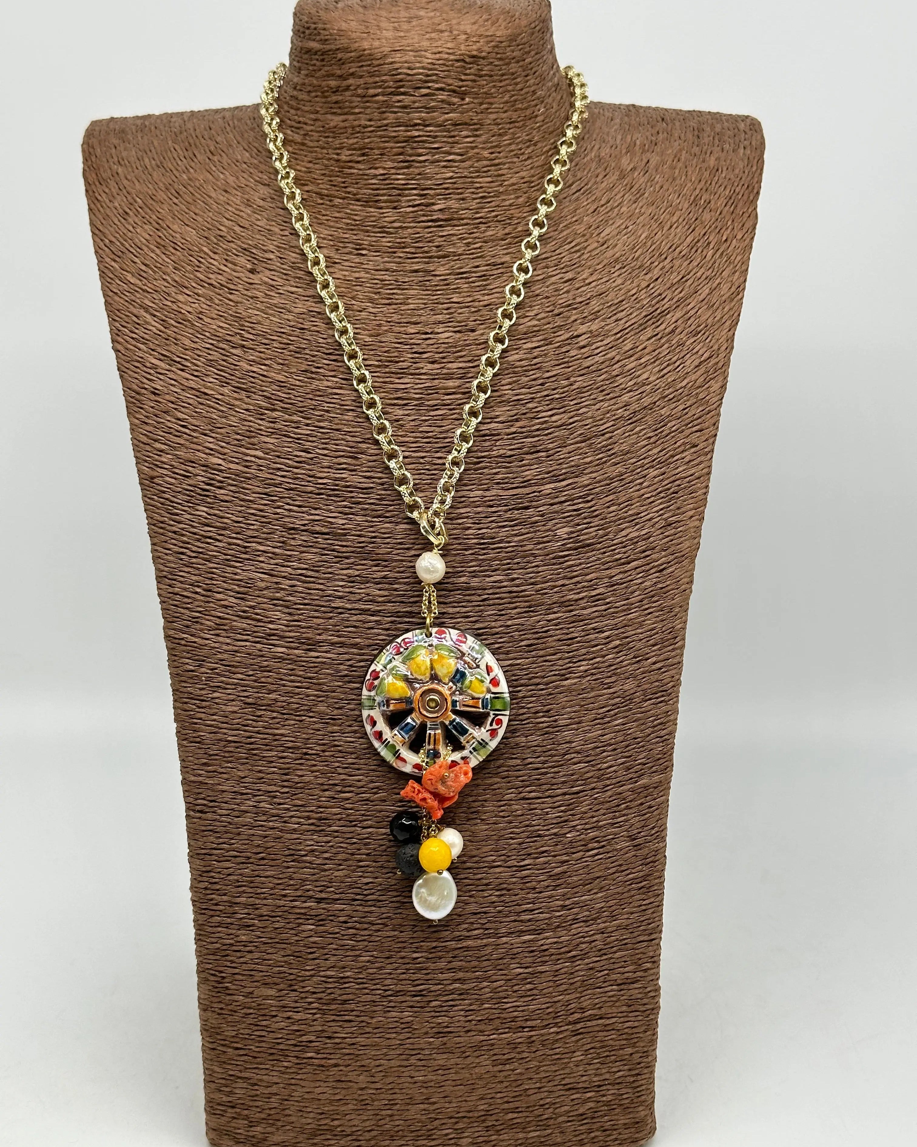 Collana Ruota Carretto e Limoni decorata Ceramica di Caltagirone DD CERAMICHE SICILIANE