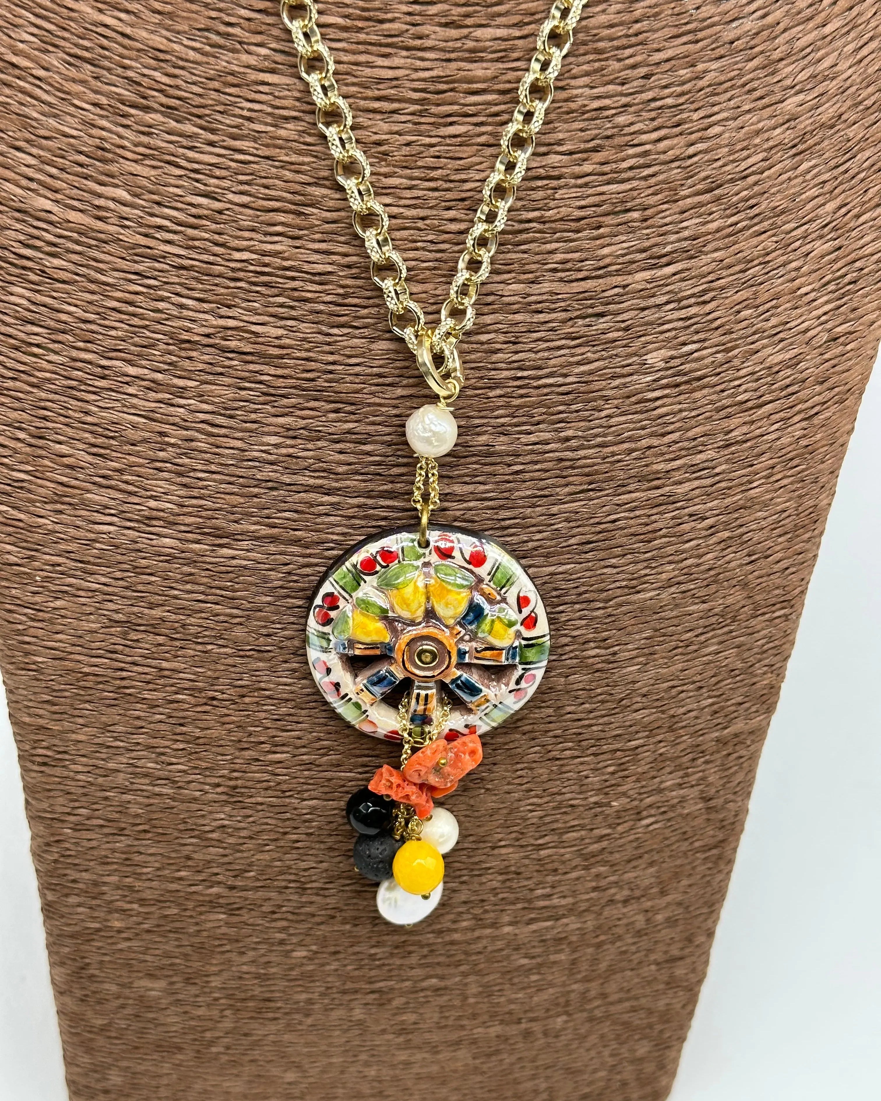 Collana Ruota Carretto e Limoni decorata Ceramica di Caltagirone DD CERAMICHE SICILIANE