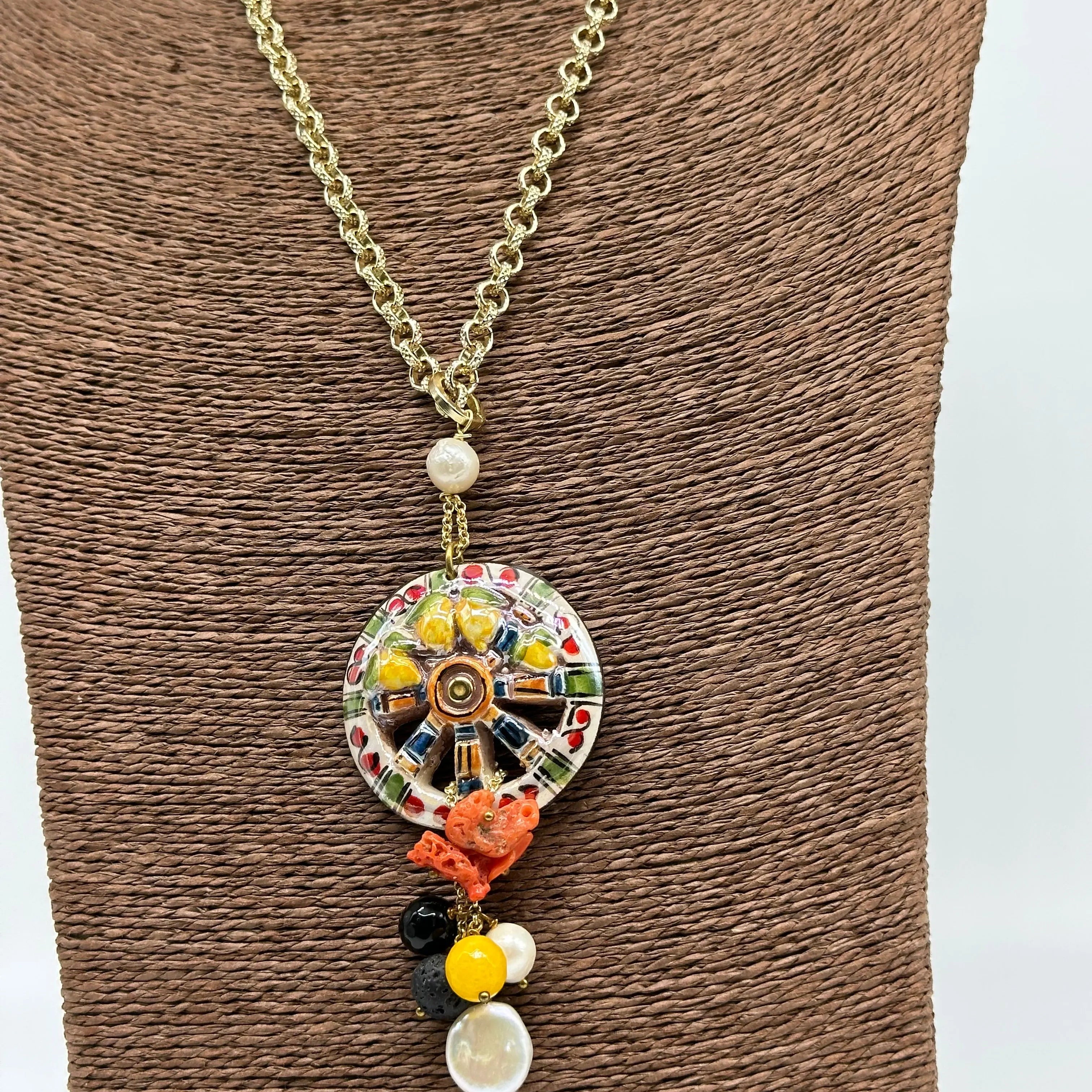 Collana Ruota Carretto e Limoni decorata Ceramica di Caltagirone DD CERAMICHE SICILIANE