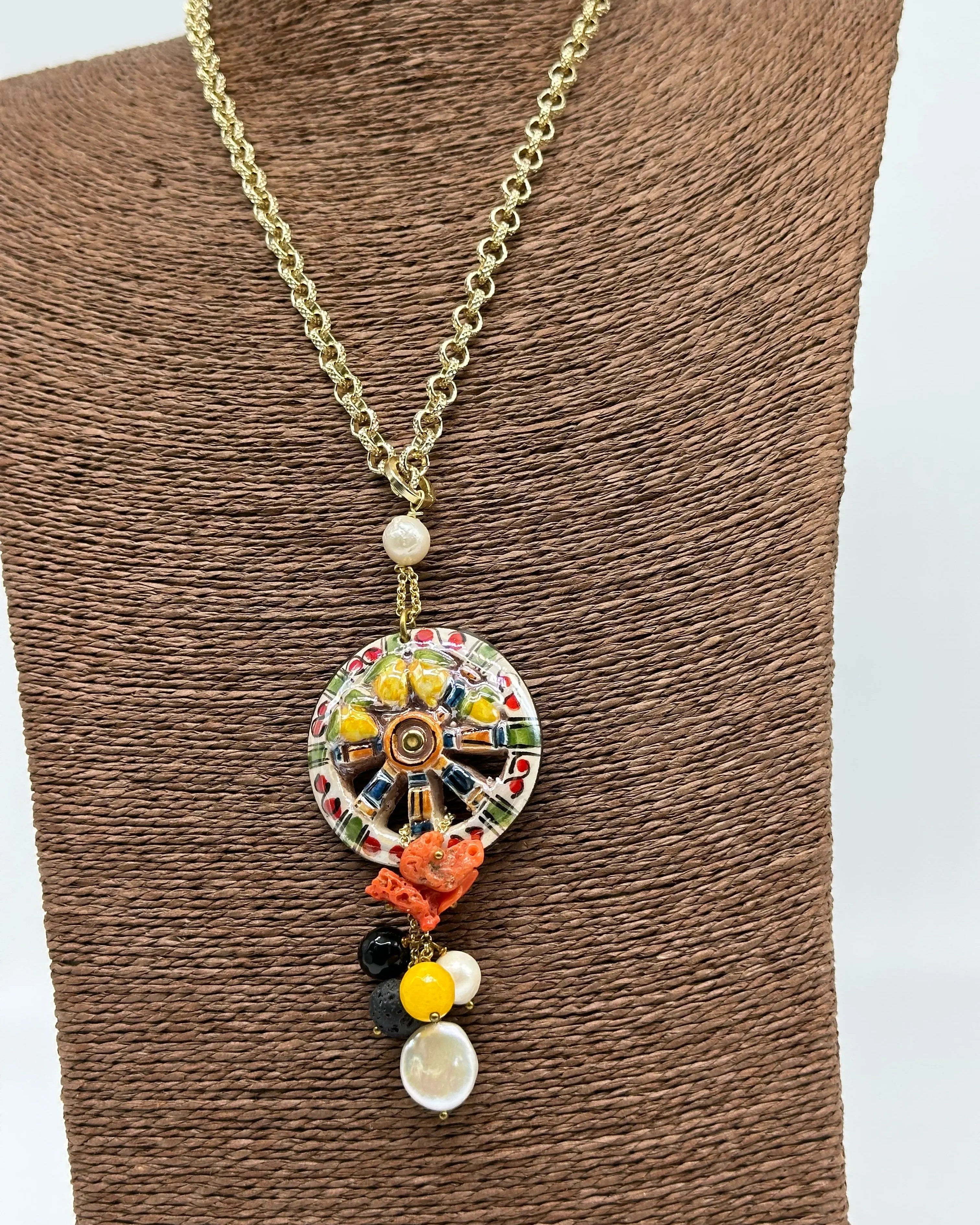 Collana Ruota Carretto e Limoni decorata Ceramica di Caltagirone DD CERAMICHE SICILIANE