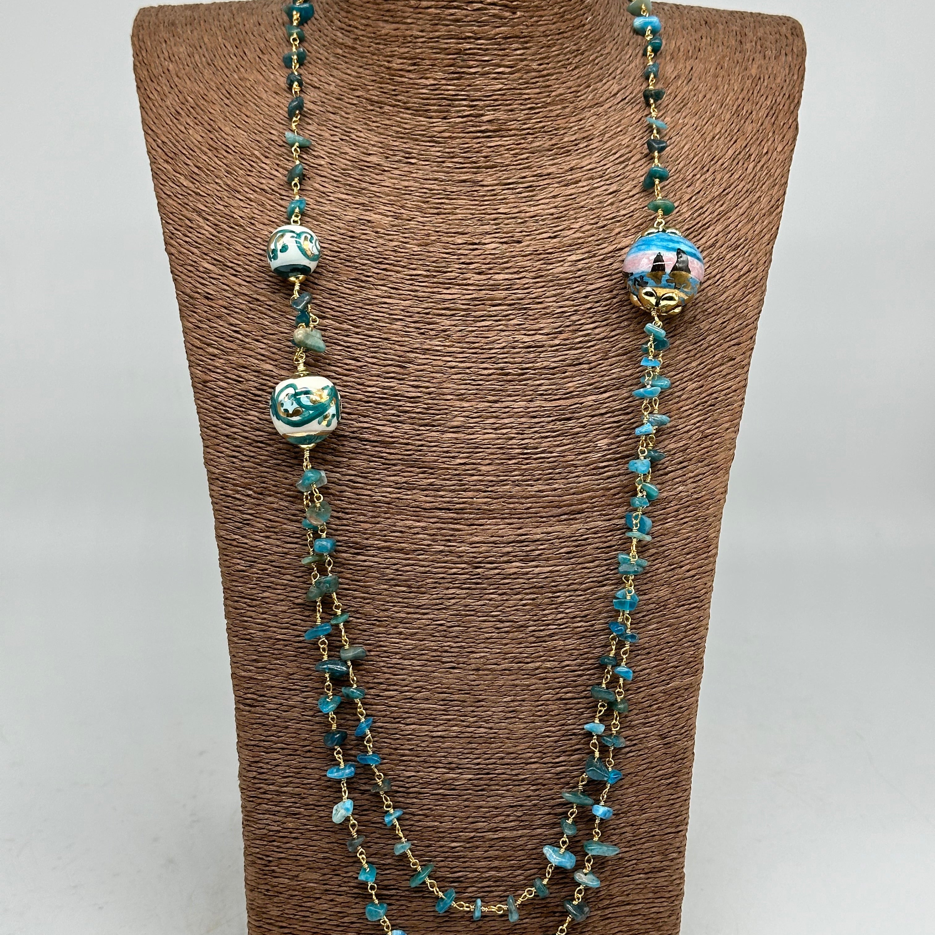 Collana Sfere decorate Pietre Verde marino Ceramica di Caltagirone - BIJOUX