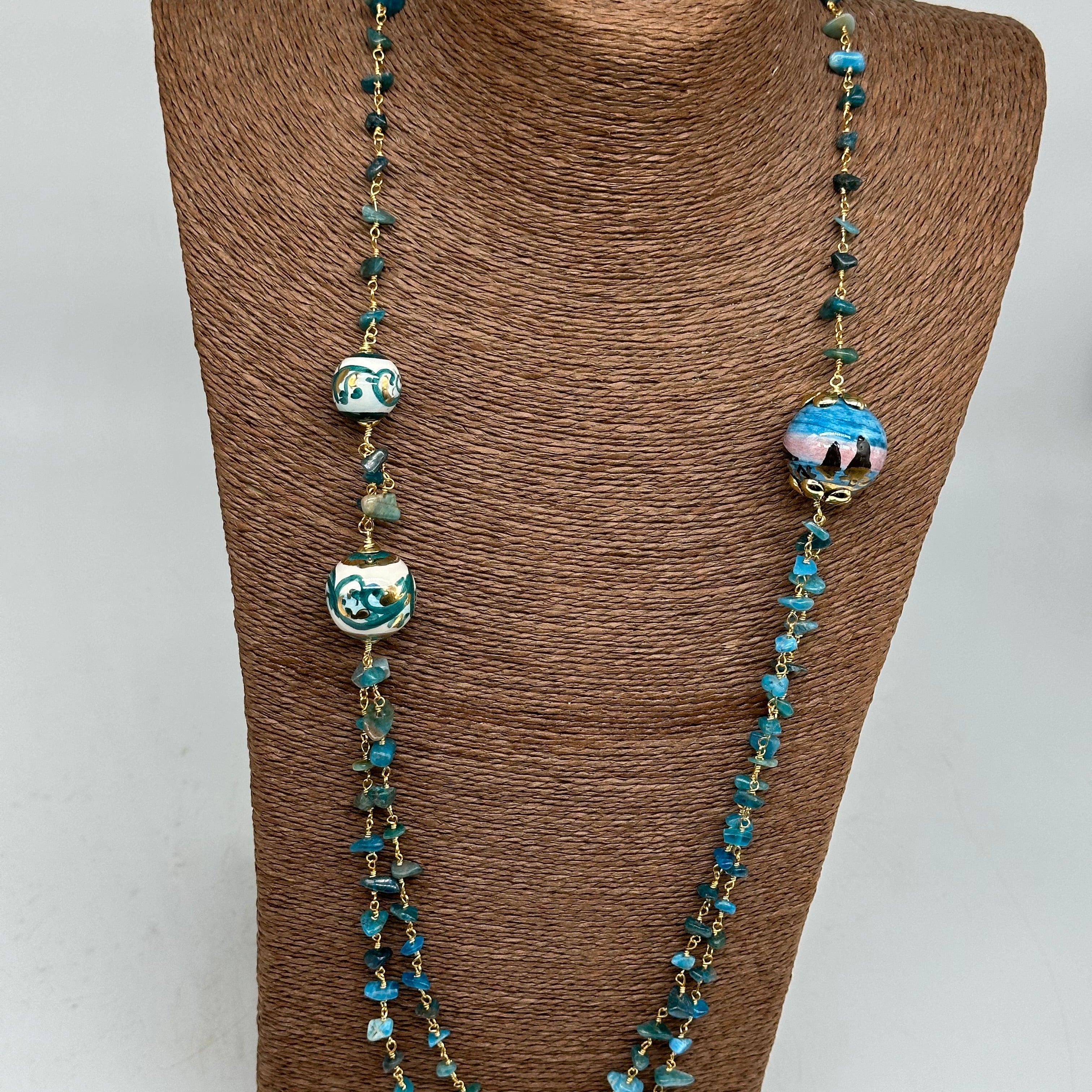 Collana Sfere decorate Pietre Verde marino Ceramica di Caltagirone - BIJOUX