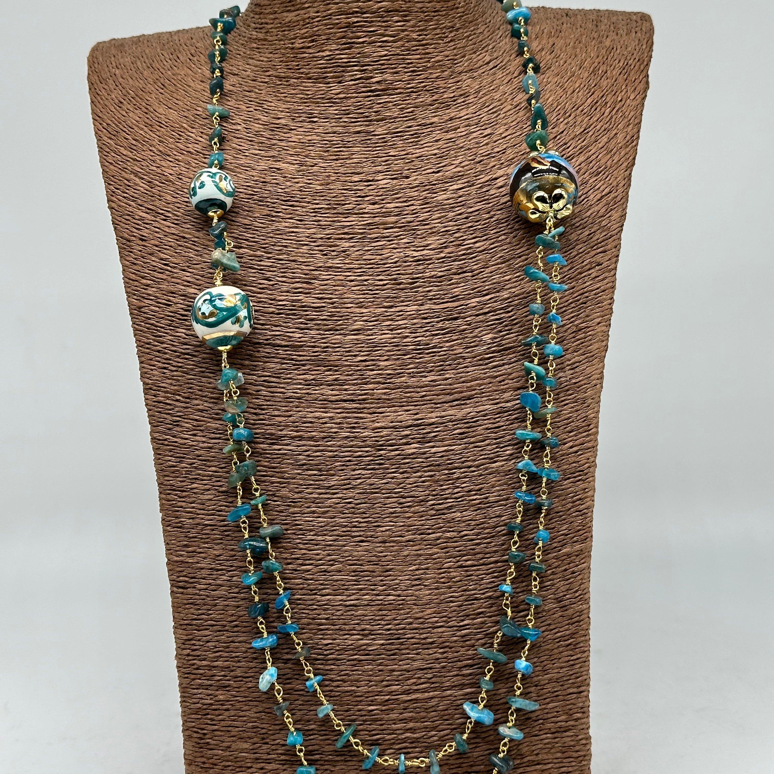 Collana Sfere decorate Pietre Verde marino Ceramica di Caltagirone - BIJOUX