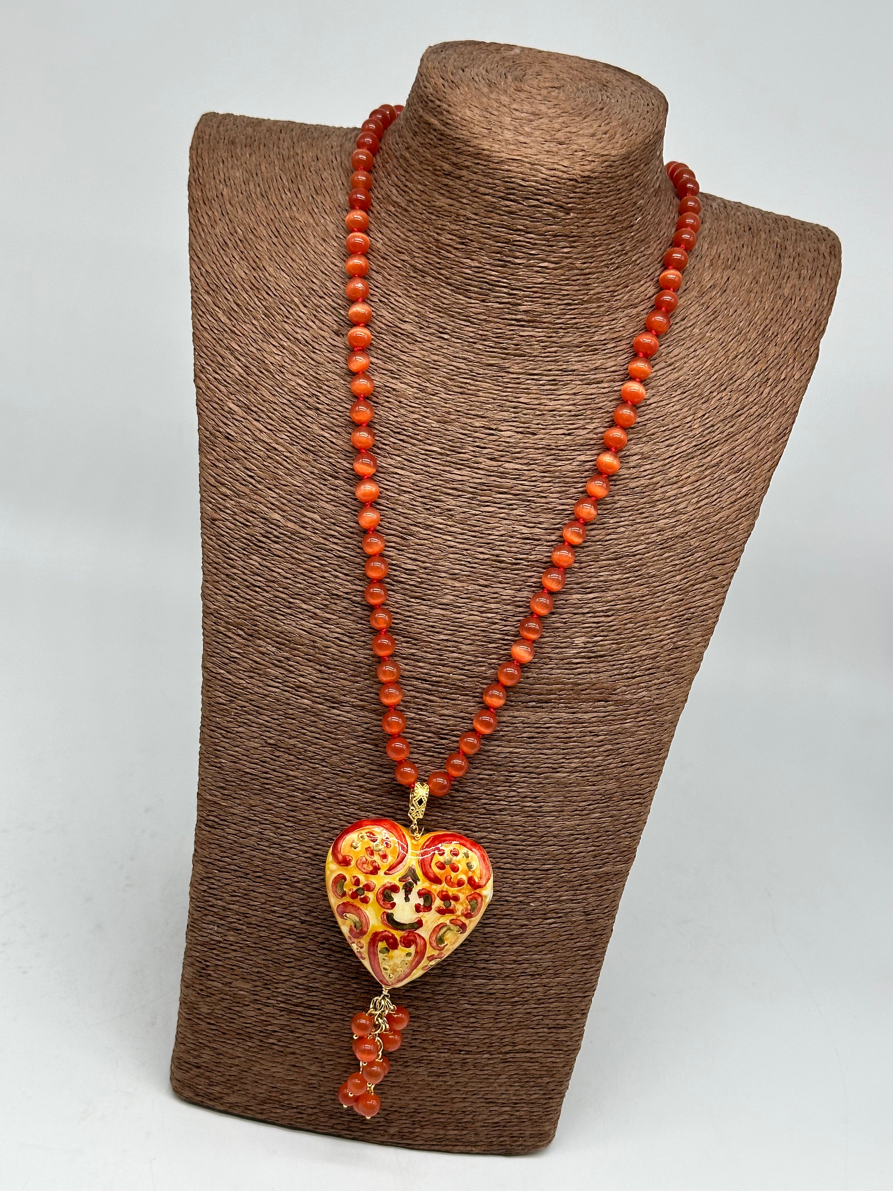 Collana Siciliana Cuore Sacro Ceramica di Caltagirone Toni Arancione - COLLANA