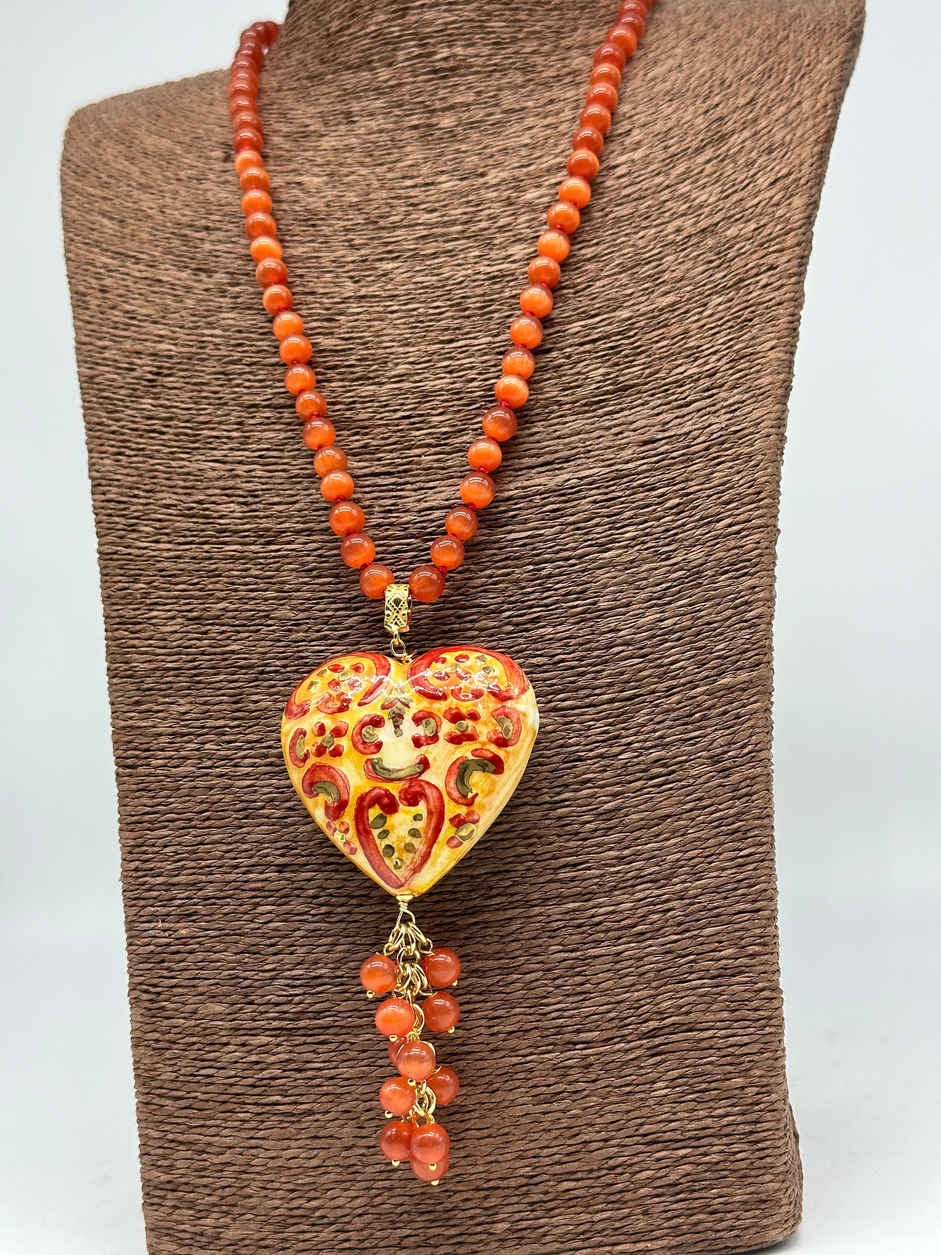 Collana Siciliana Cuore Sacro Ceramica di Caltagirone Toni Arancione - COLLANA