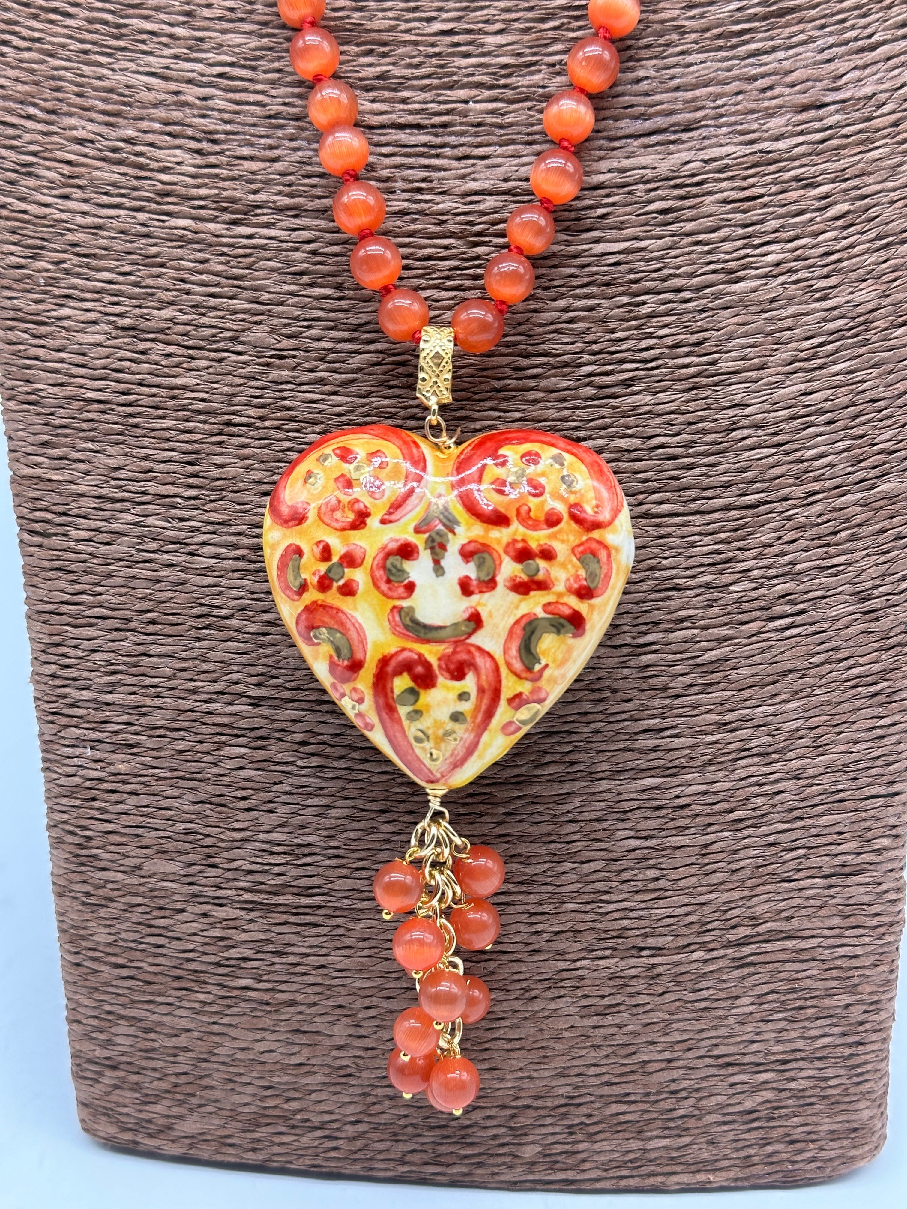 Collana Siciliana Cuore Sacro Ceramica di Caltagirone Toni Arancione - COLLANA