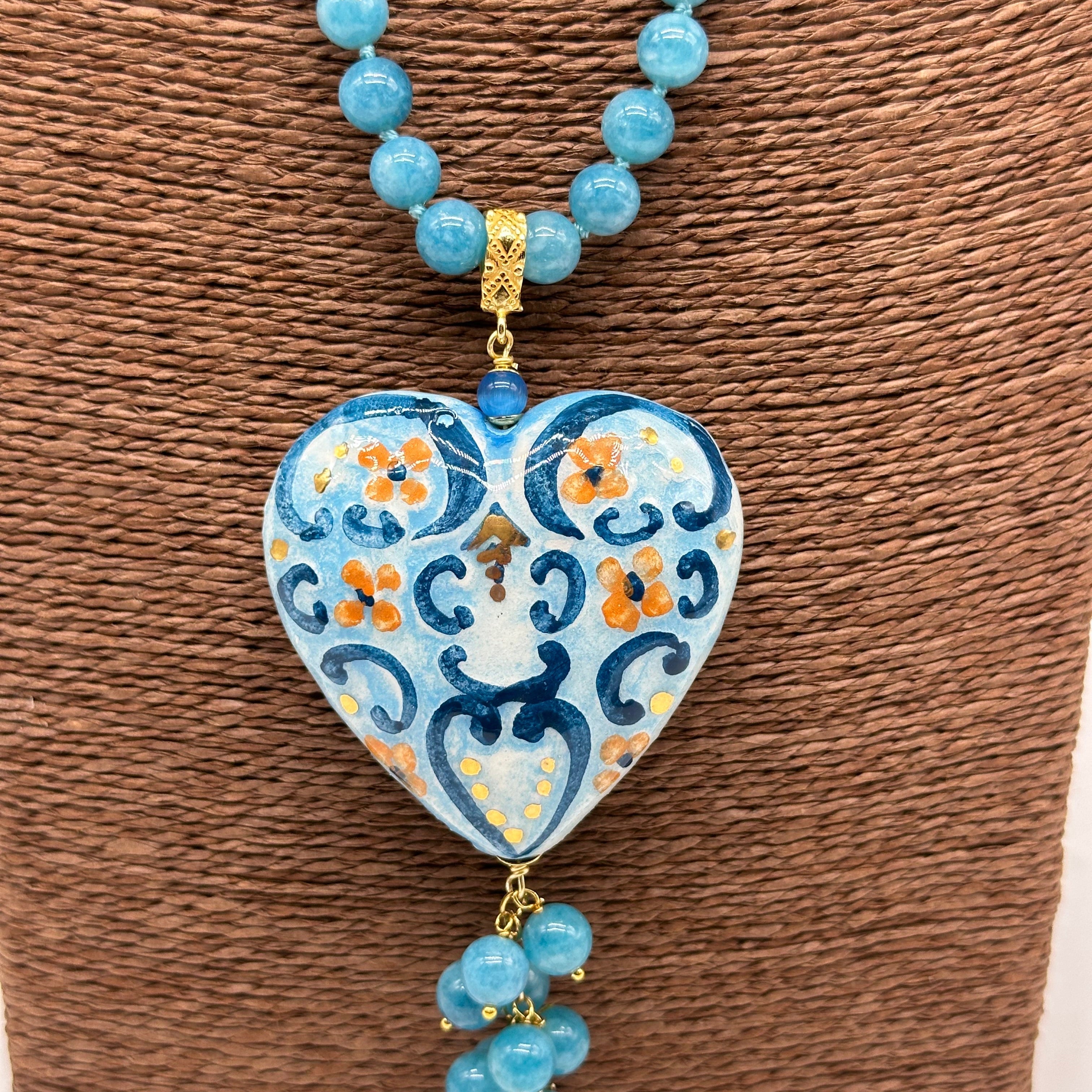 Collana Siciliana Cuore Sacro Ceramica di Caltagirone Toni Azzurro - COLLANA
