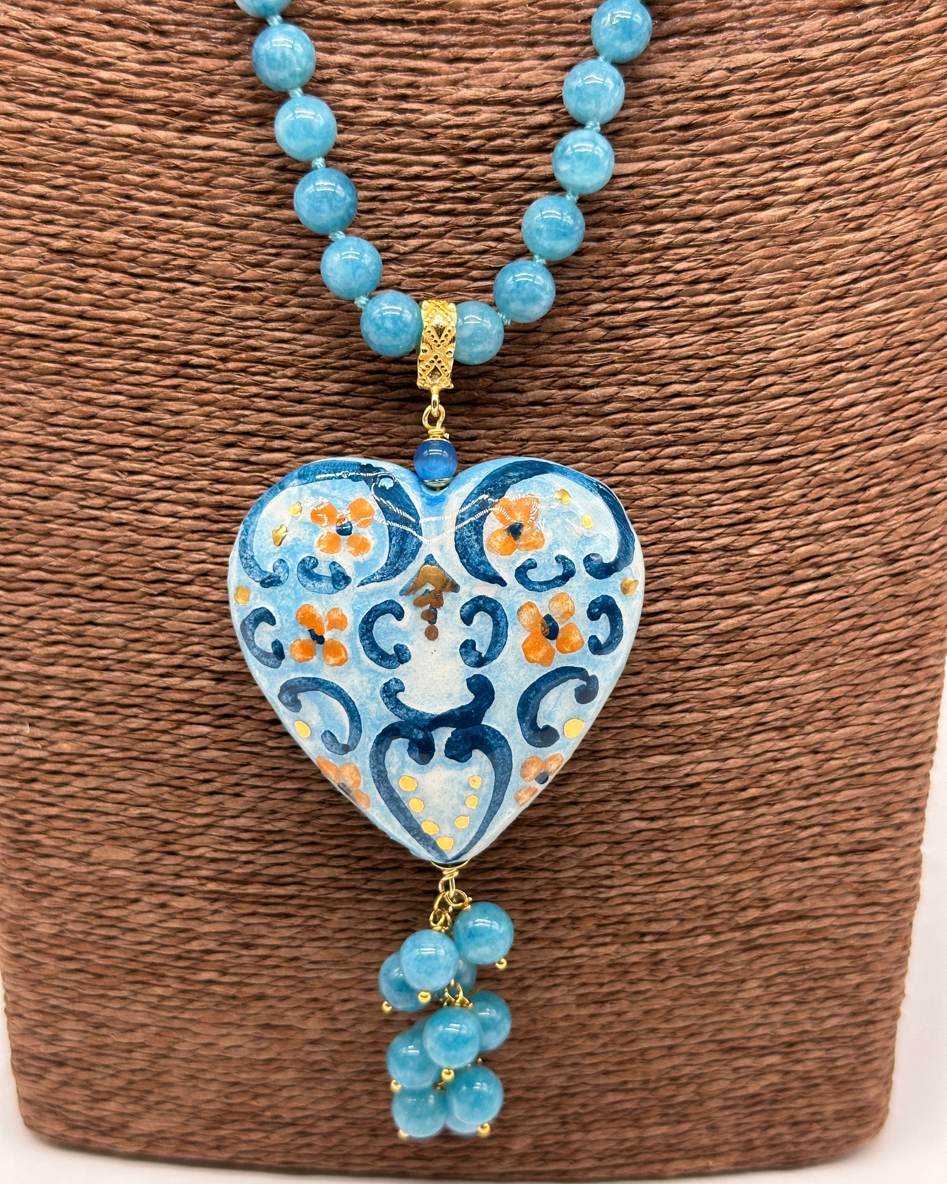 Collana Siciliana Cuore Sacro Ceramica di Caltagirone Toni Azzurro - COLLANA