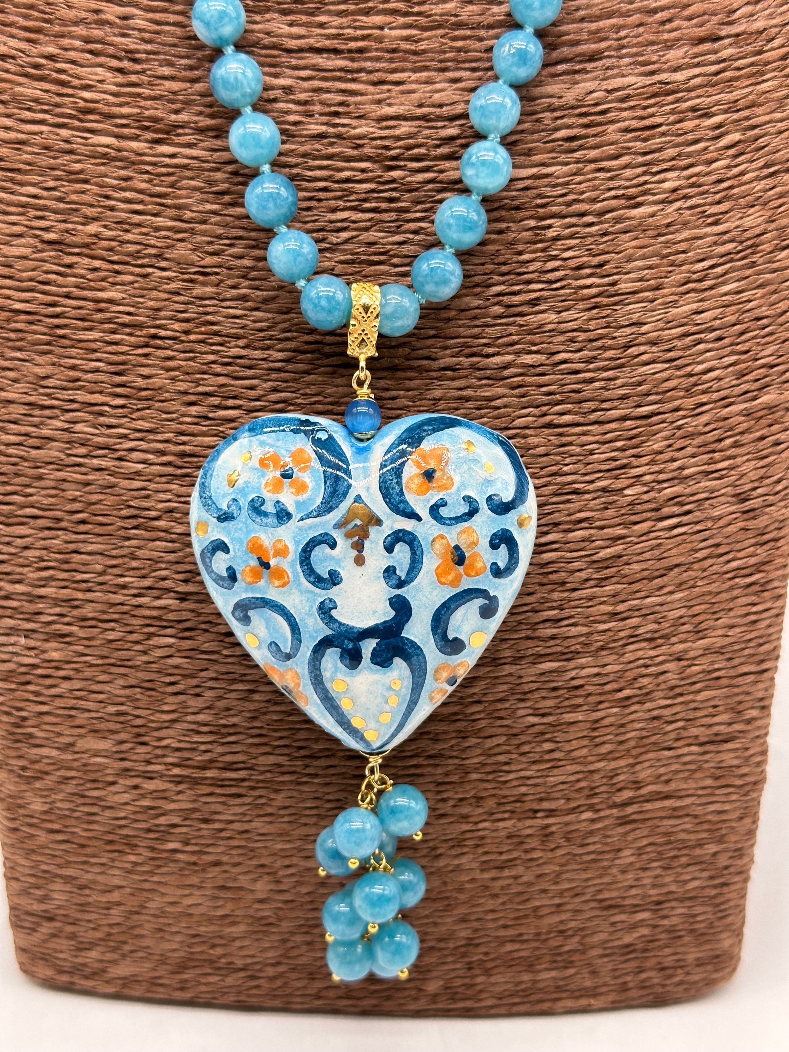 Collana Siciliana Cuore Sacro Ceramica di Caltagirone Toni Azzurro - COLLANA