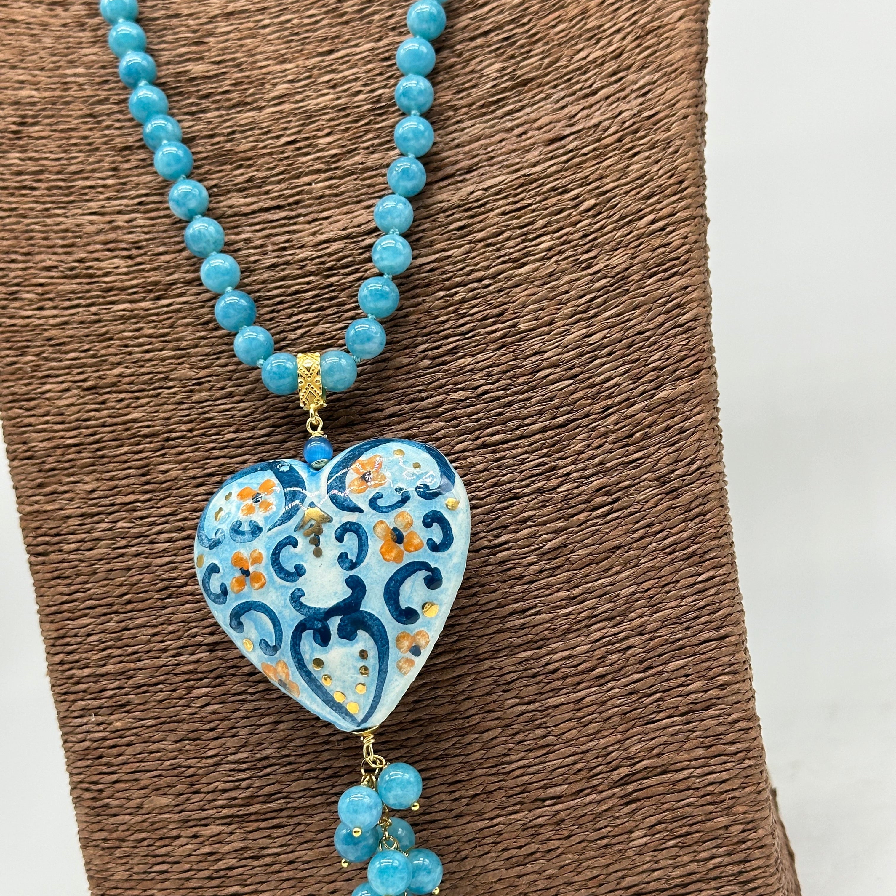 Collana Siciliana Cuore Sacro Ceramica di Caltagirone Toni Azzurro - COLLANA