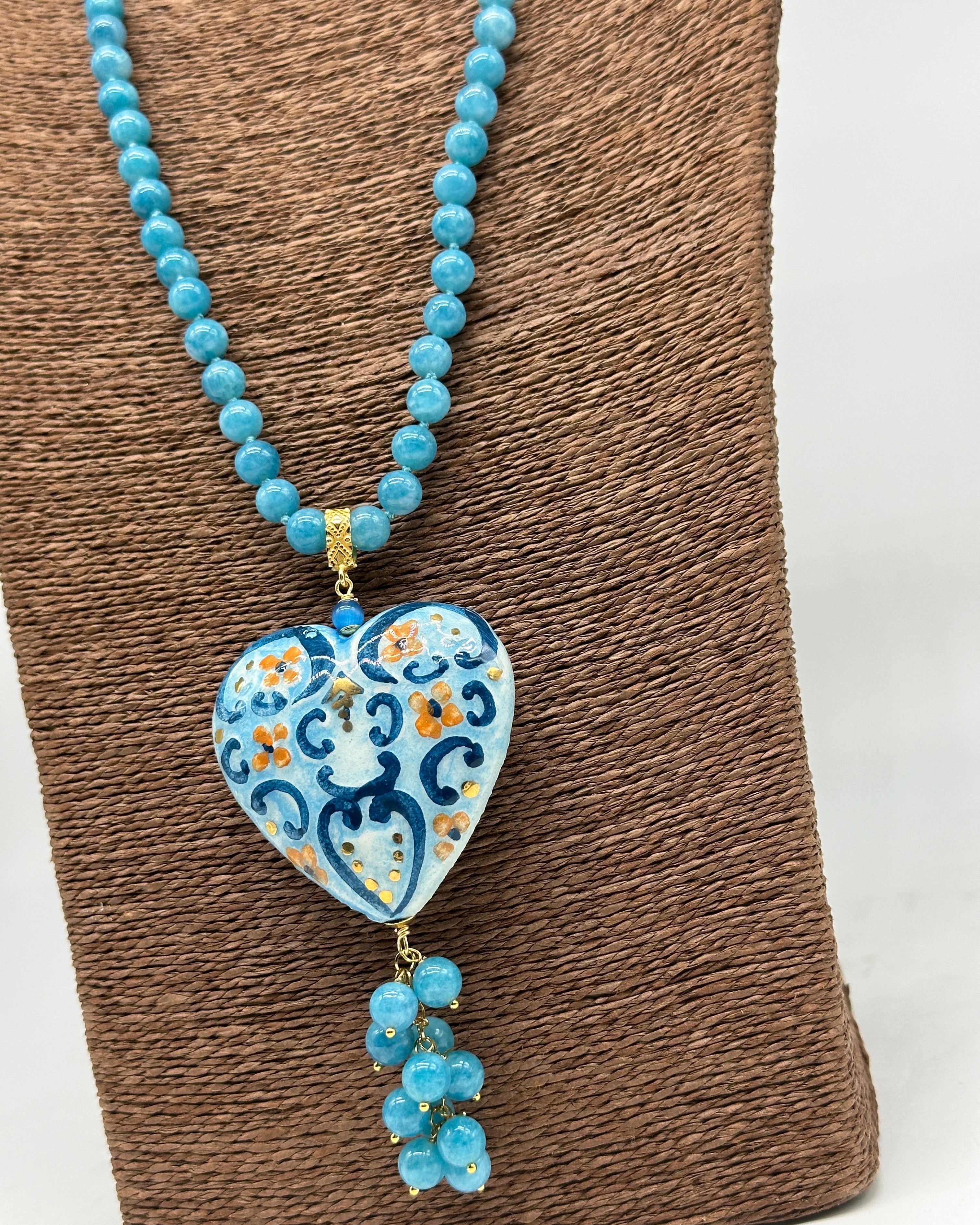 Collana Siciliana Cuore Sacro Ceramica di Caltagirone Toni Azzurro - COLLANA