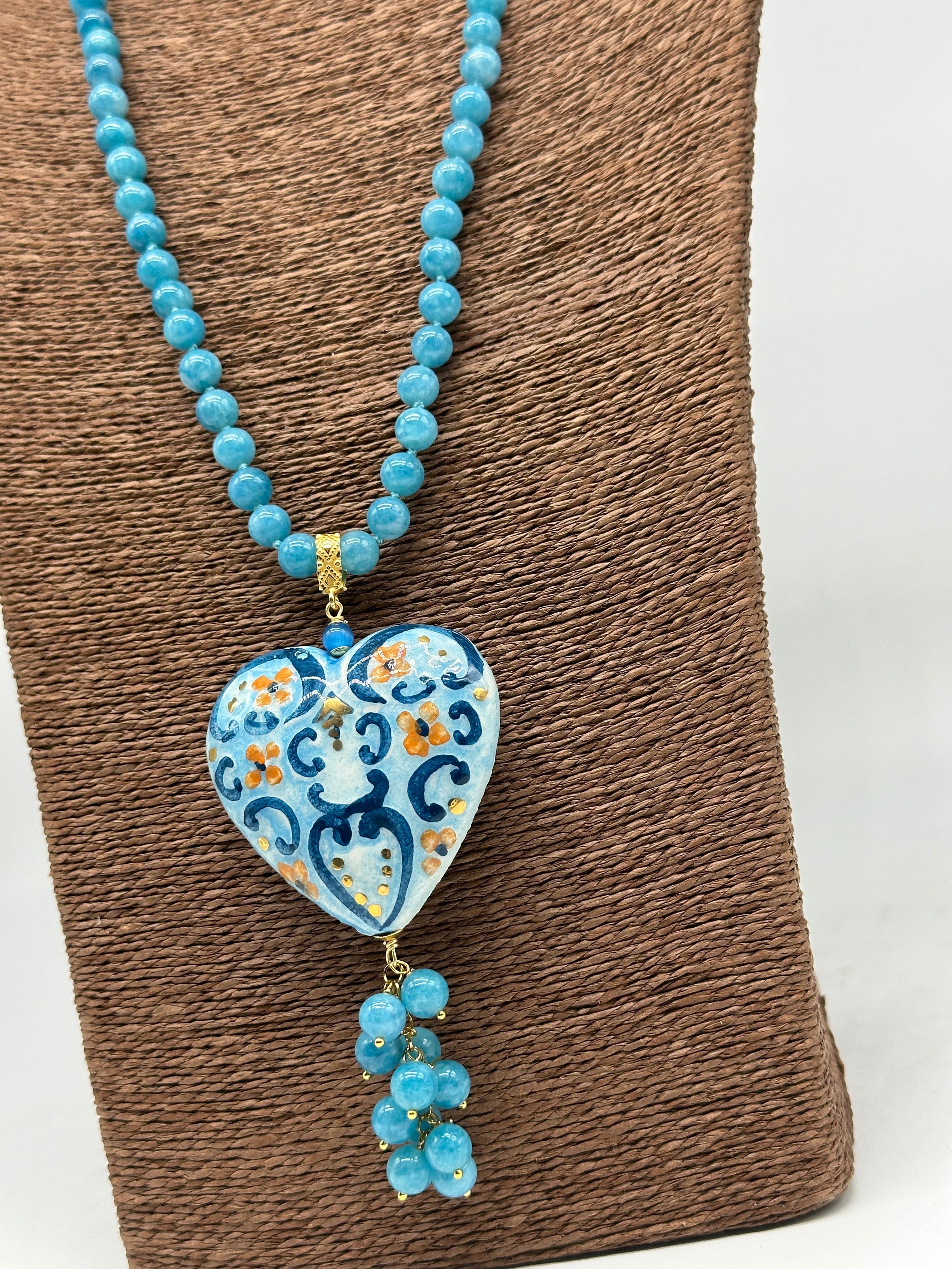 Collana Siciliana Cuore Sacro Ceramica di Caltagirone Toni Azzurro - COLLANA
