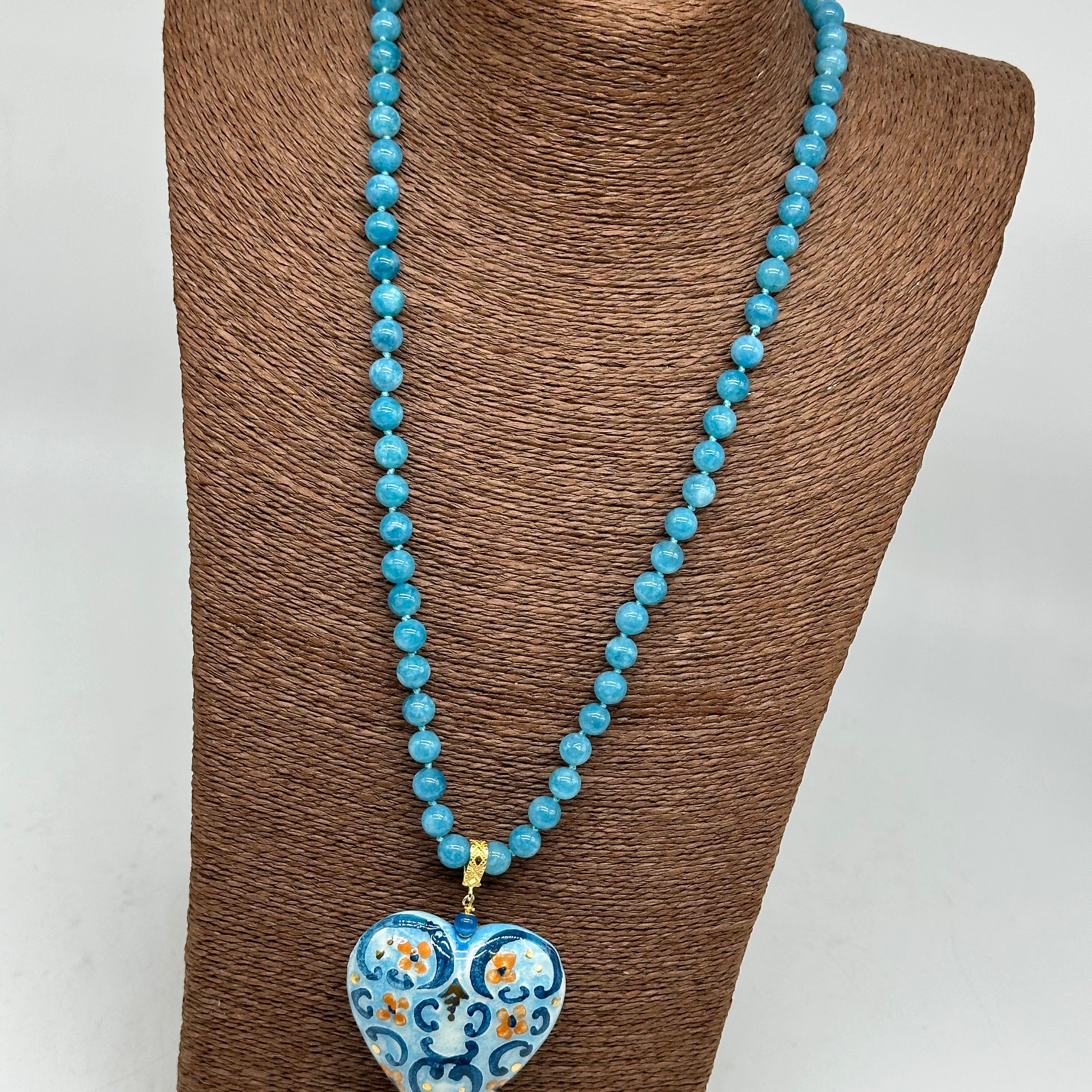 Collana Siciliana Cuore Sacro Ceramica di Caltagirone Toni Azzurro - COLLANA