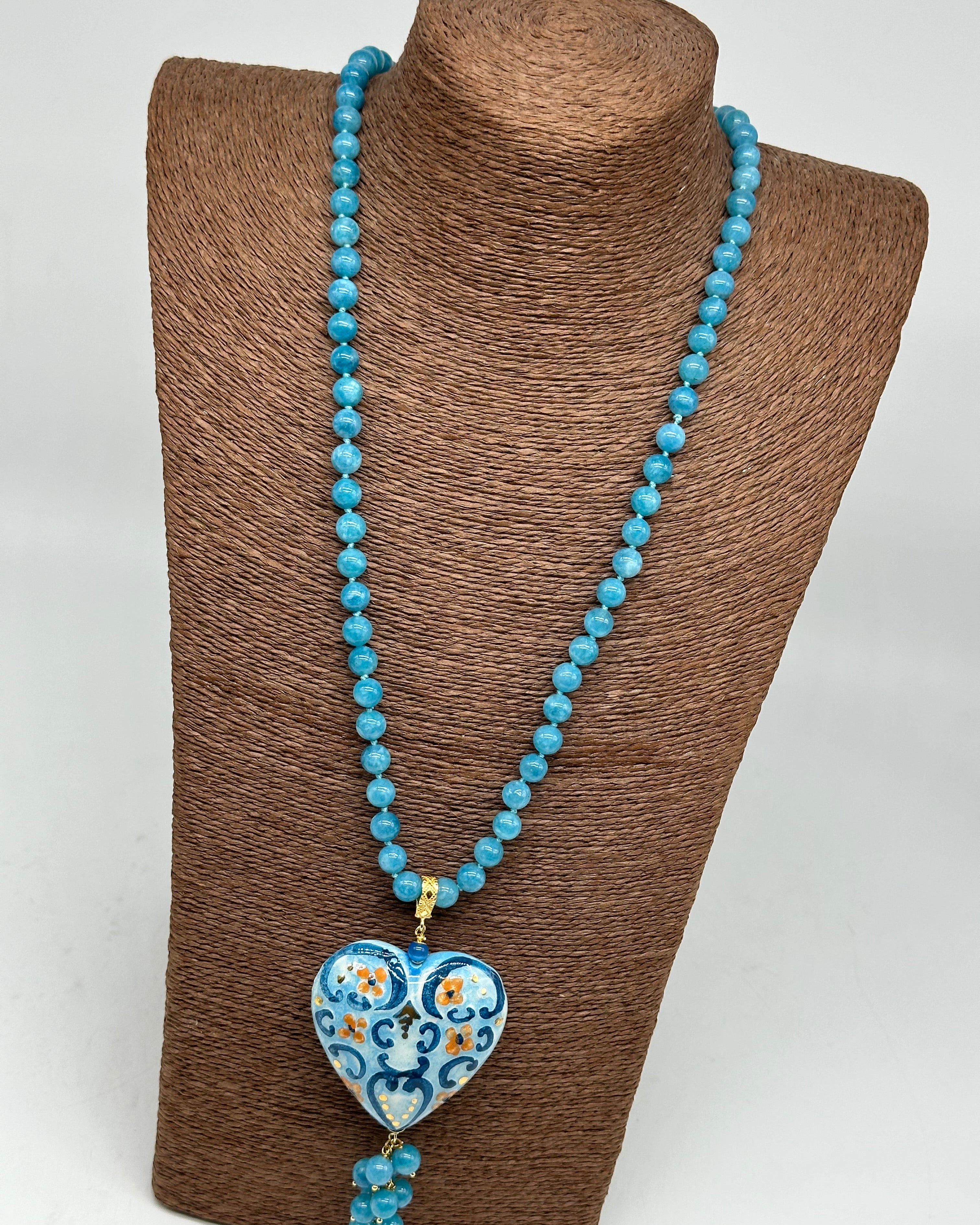 Collana Siciliana Cuore Sacro Ceramica di Caltagirone Toni Azzurro - COLLANA