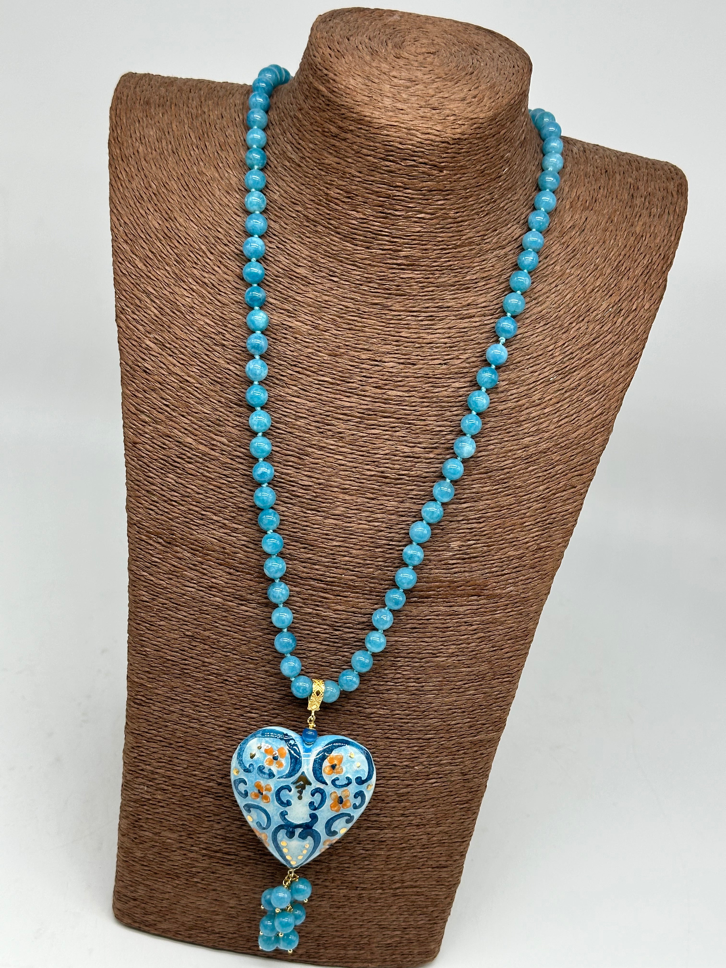 Collana Siciliana Cuore Sacro Ceramica di Caltagirone Toni Azzurro - COLLANA