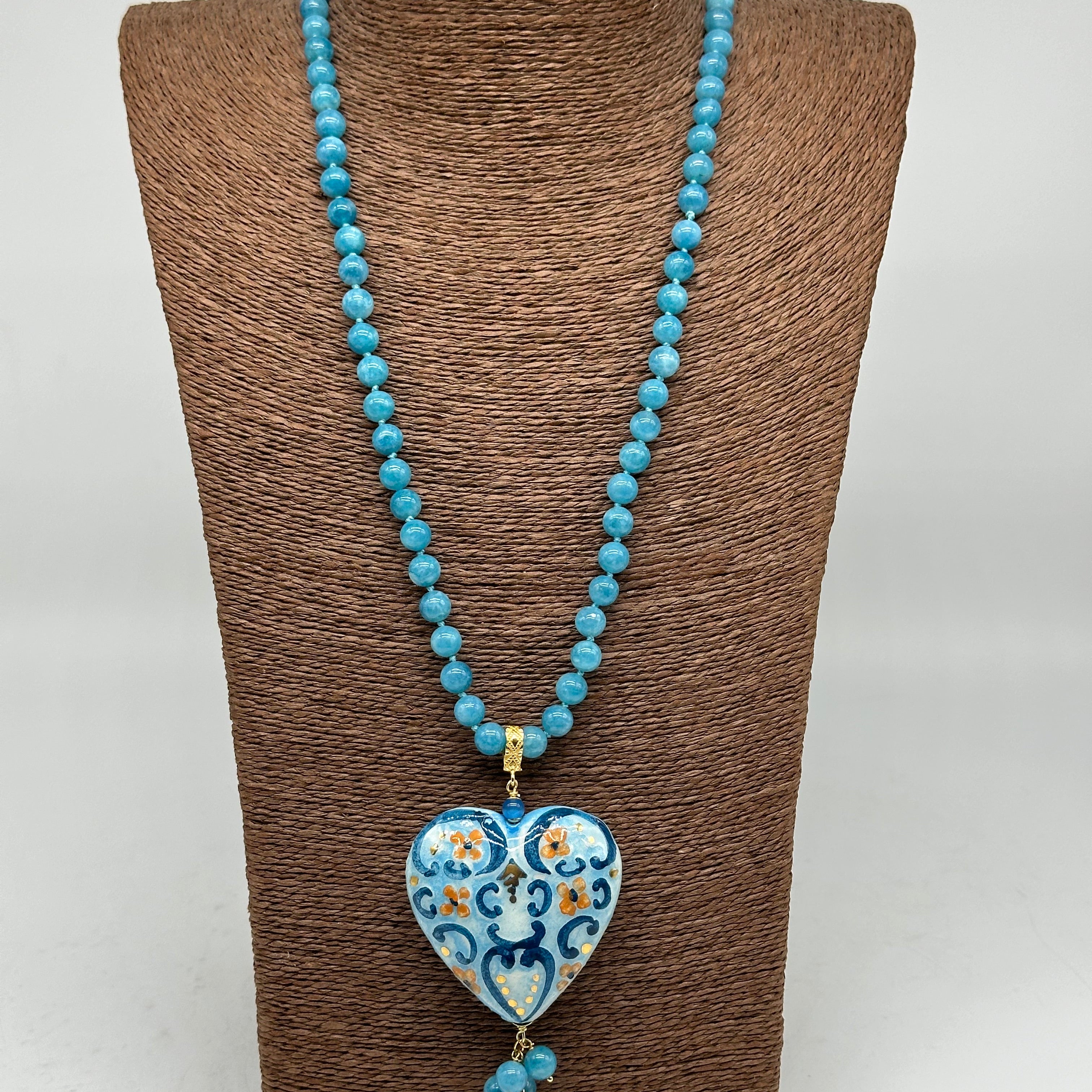 Collana Siciliana Cuore Sacro Ceramica di Caltagirone Toni Azzurro - COLLANA
